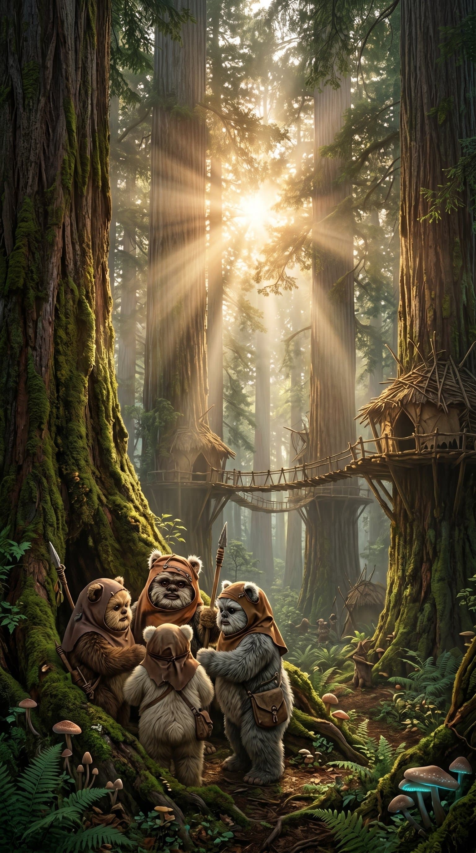 A serene dawn scene on Endor with Ewoks and towering trees