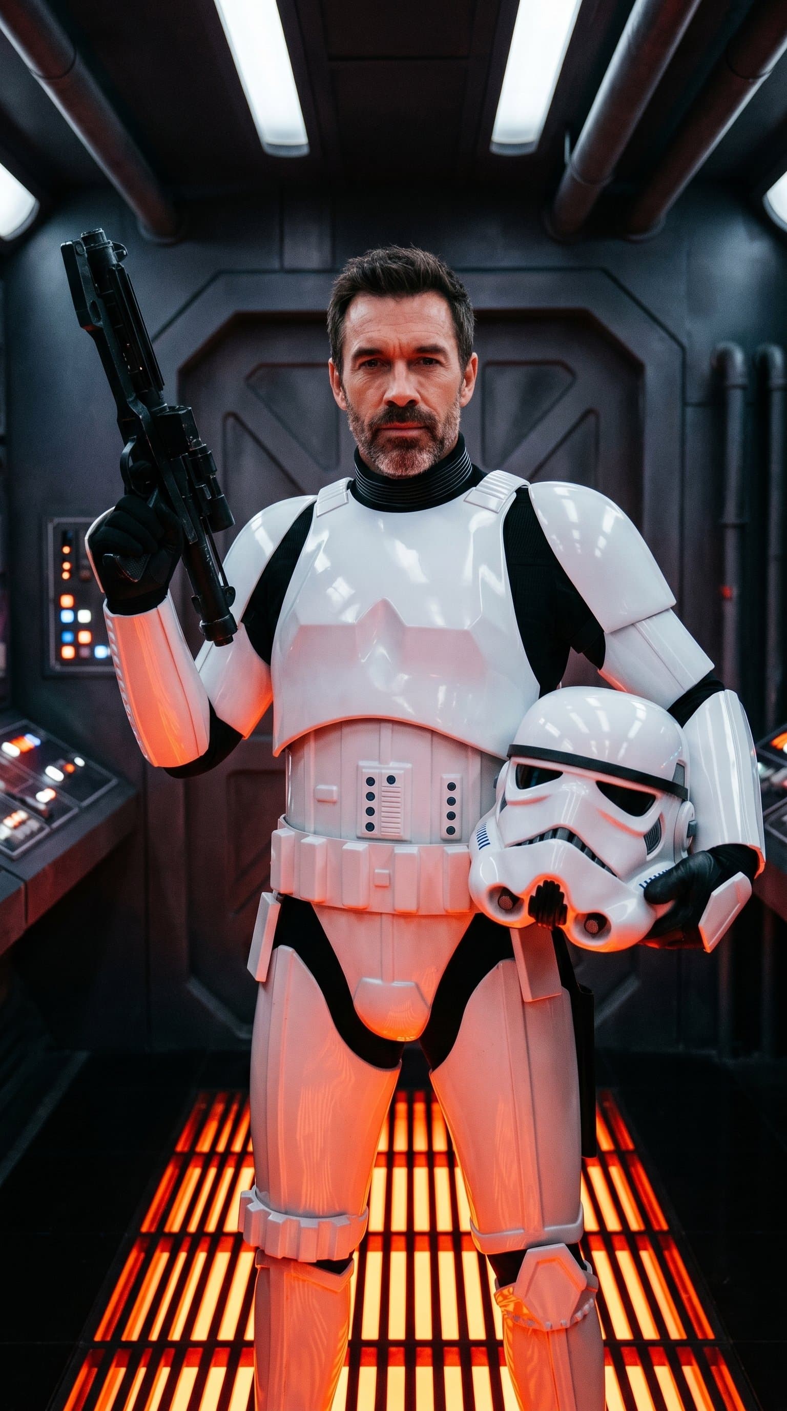 A man dressed as a Stormtrooper, dramatically lit from below in an Imperial ship's corridor