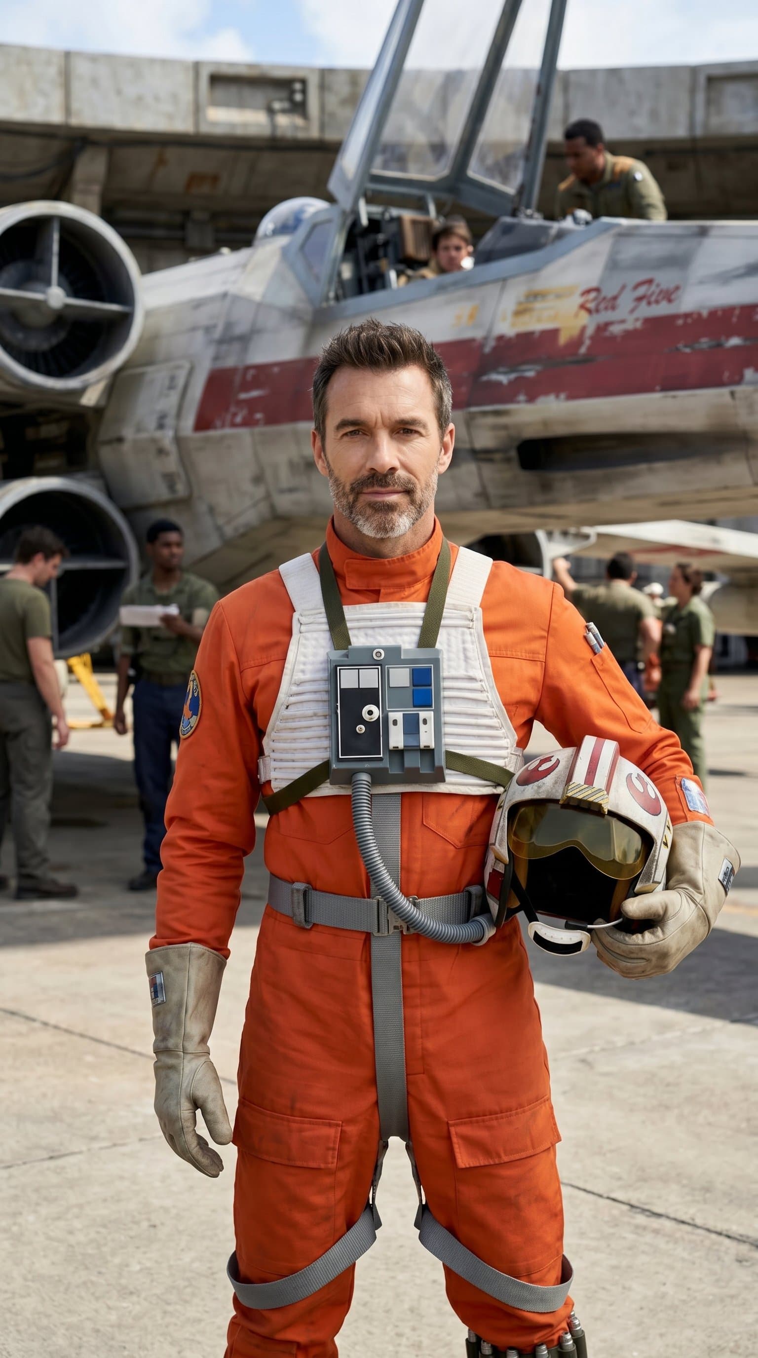A man dressed as a rebel pilot, heroically posing in front of an X-Wing fighter
