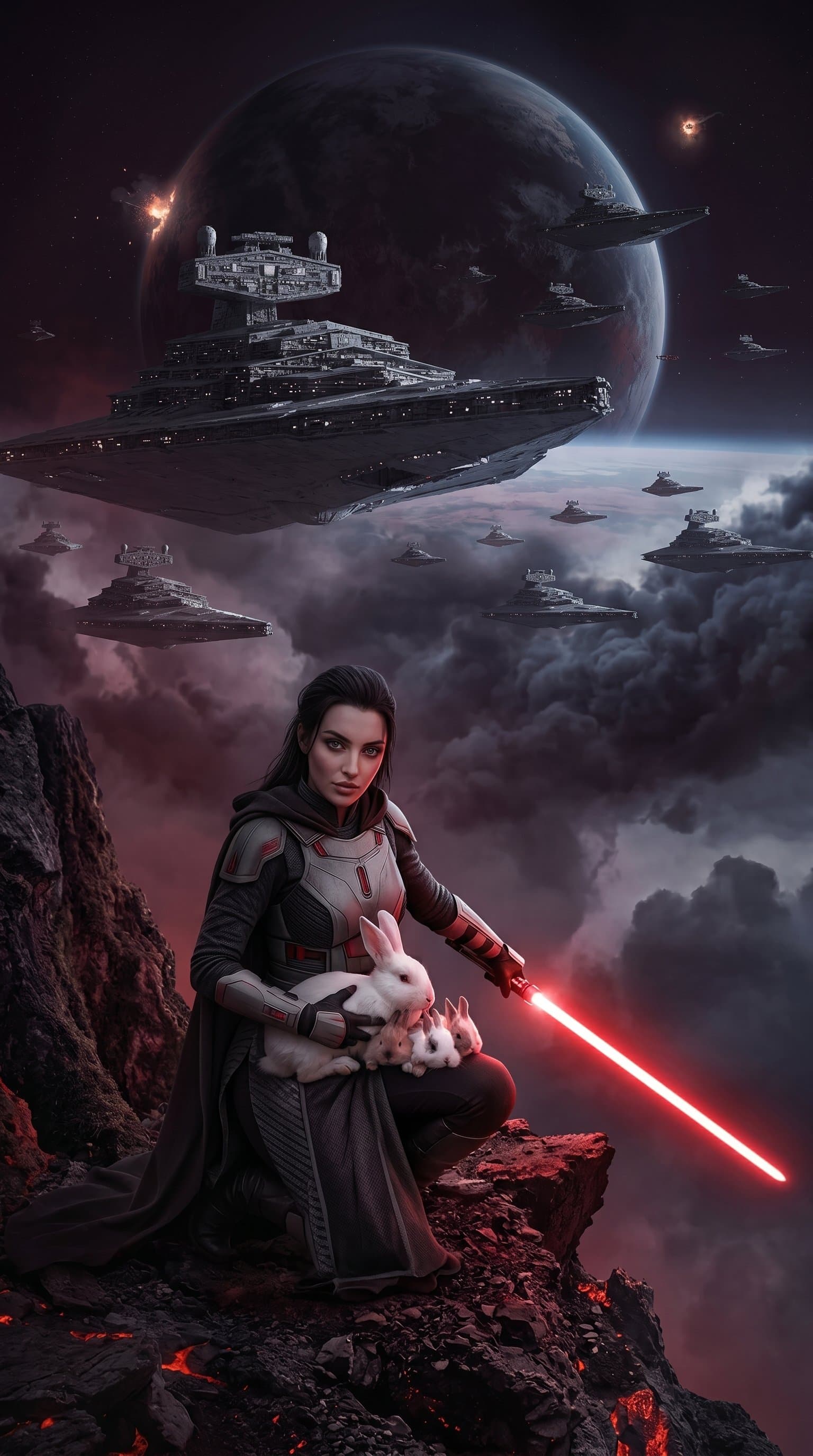 A panoramic view of a Star Destroyer fleet approaching a planet, creating a sense of impending doom and a jedi with a red lightsaber on the first plan