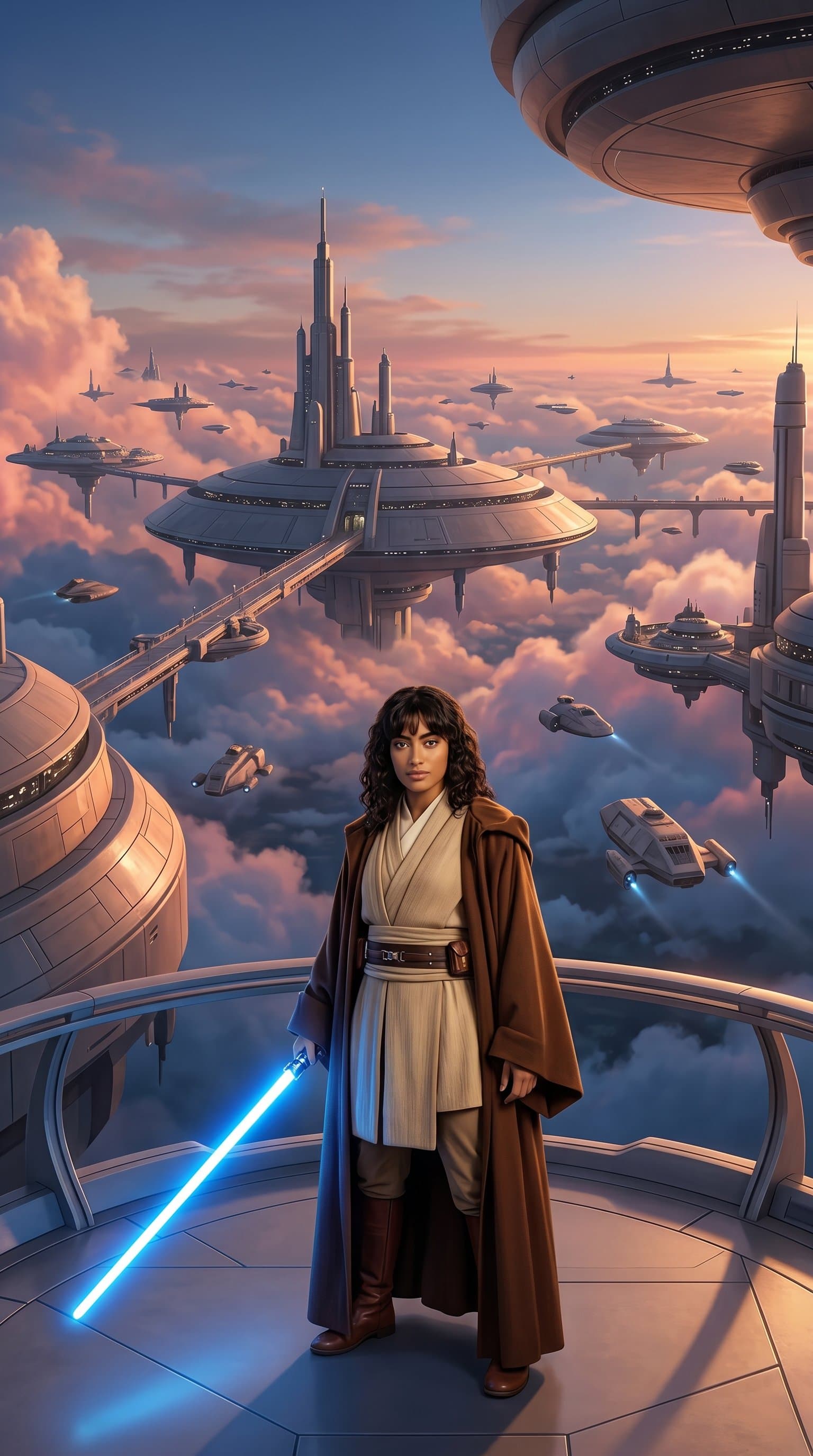 A panoramic view of the Cloud City of Bespin, with its floating platforms and futuristic architecture and a jedi with a blue lightsaber on the first plan