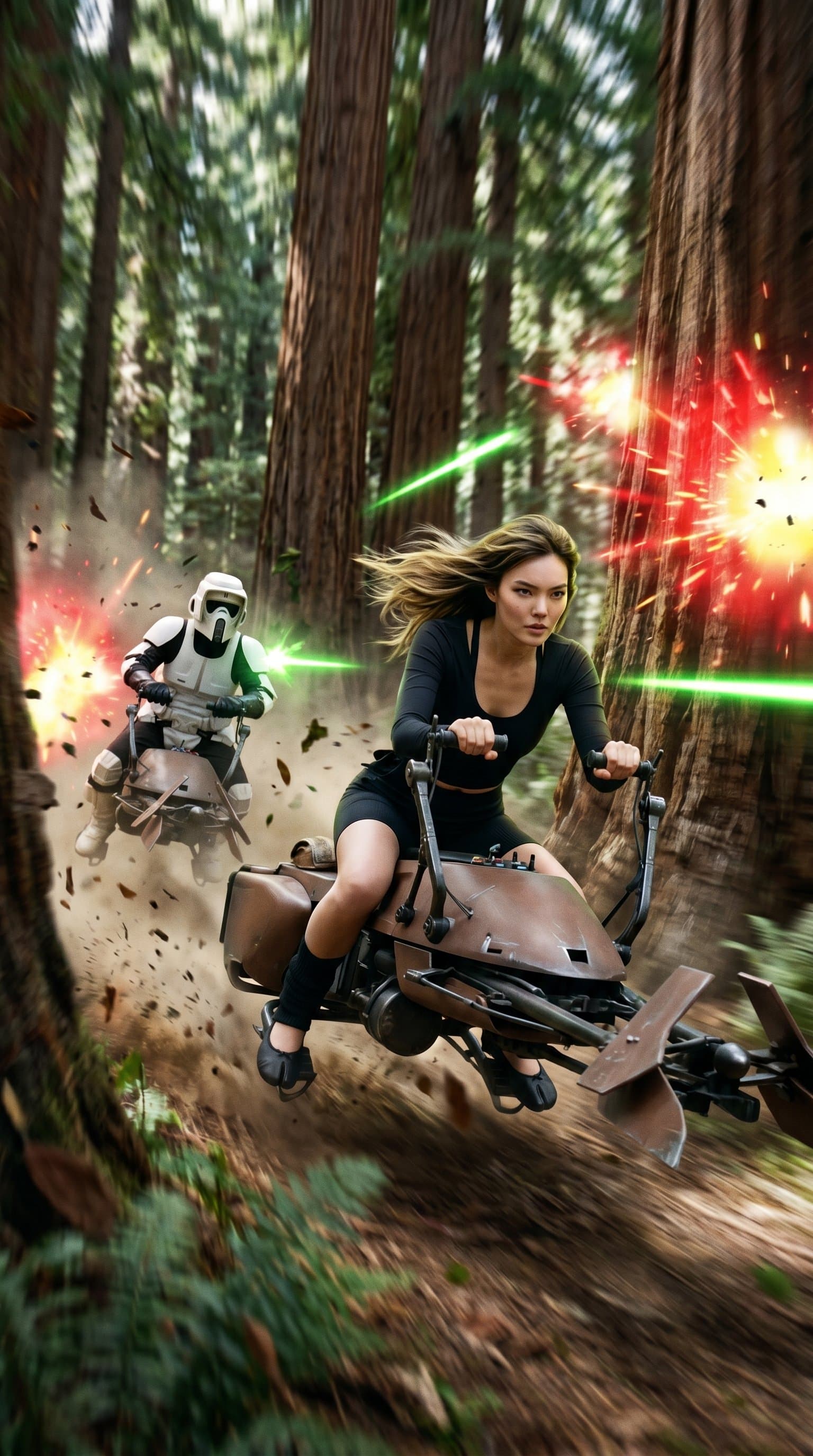 A thrilling Star War scene of Speeder chase through Endor's forest