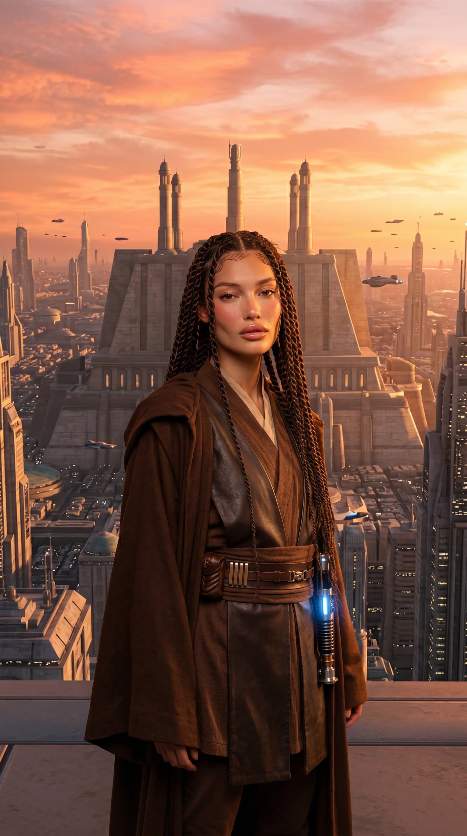 A majestic view of a jedi in front of the Jedi Temple on Coruscant, under a vibrant sunset sky
