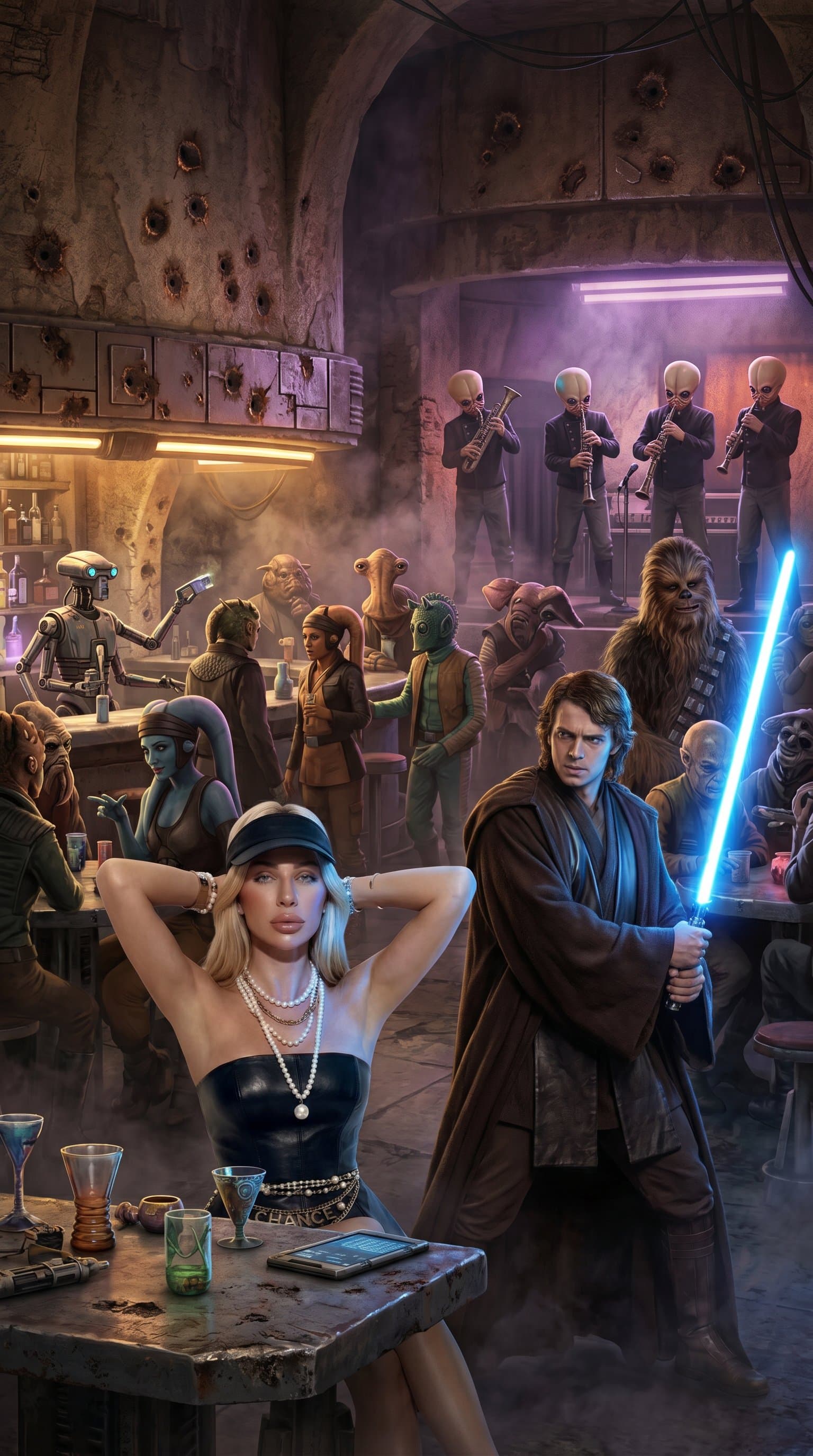 A lively Cantina scene with various alien species, musicians, and blaster marks on walls and a jedi with a blue lightsaber on the first plan