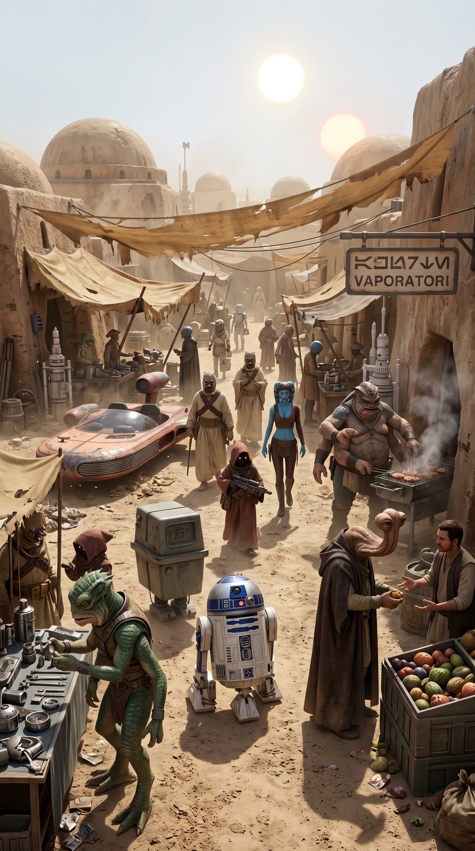 A bustling marketplace scene in Mos Eisley, filled with aliens and droids