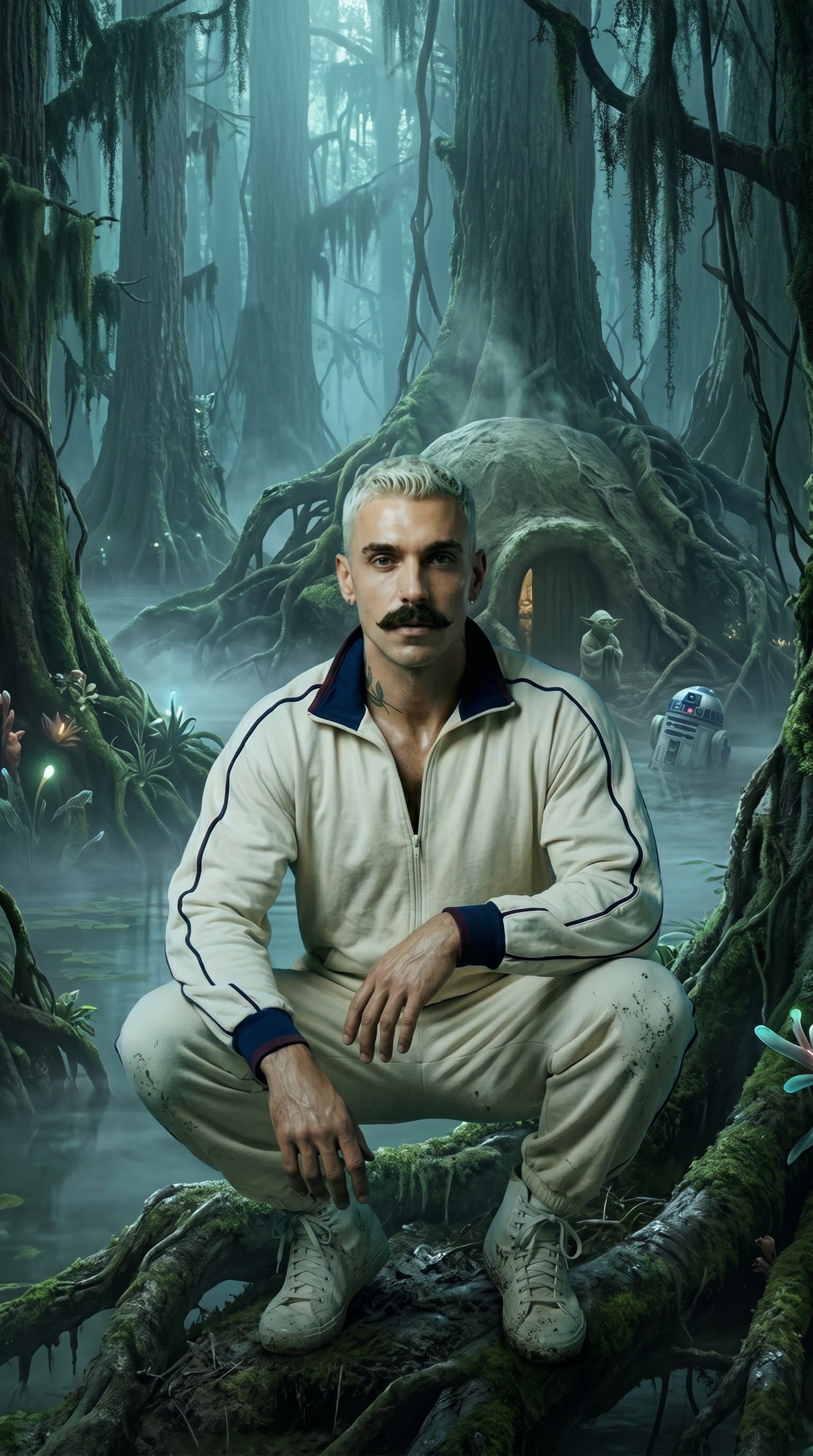 A tranquil scene of Yoda's house on Dagobah, with its dense swamp and misty atmosphere and a Star Wars caracter on the first plan
