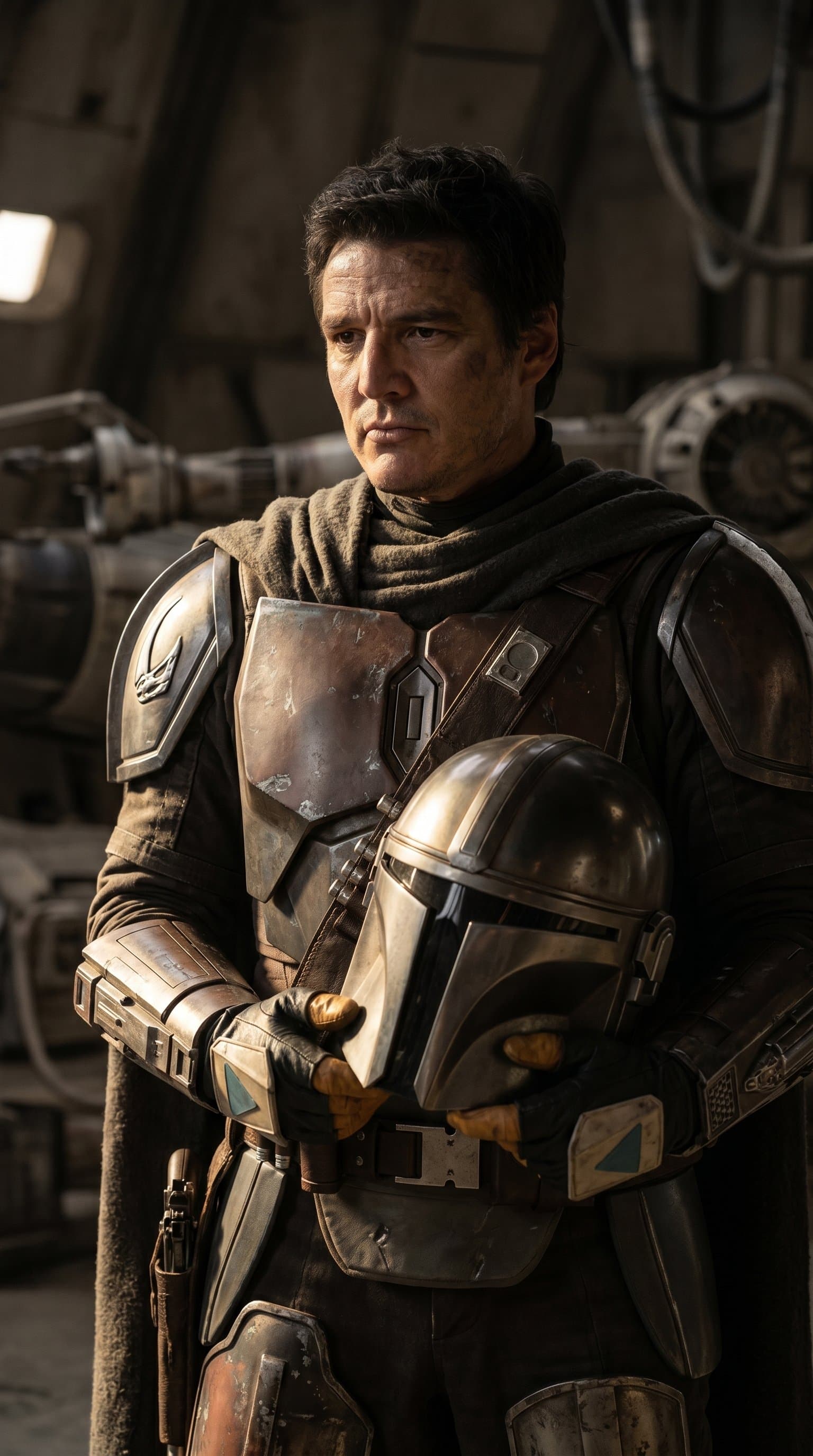 A striking portrait of a Mandalorian, with dramatic side lighting highlighting and armor, holding is helmet in his hands
