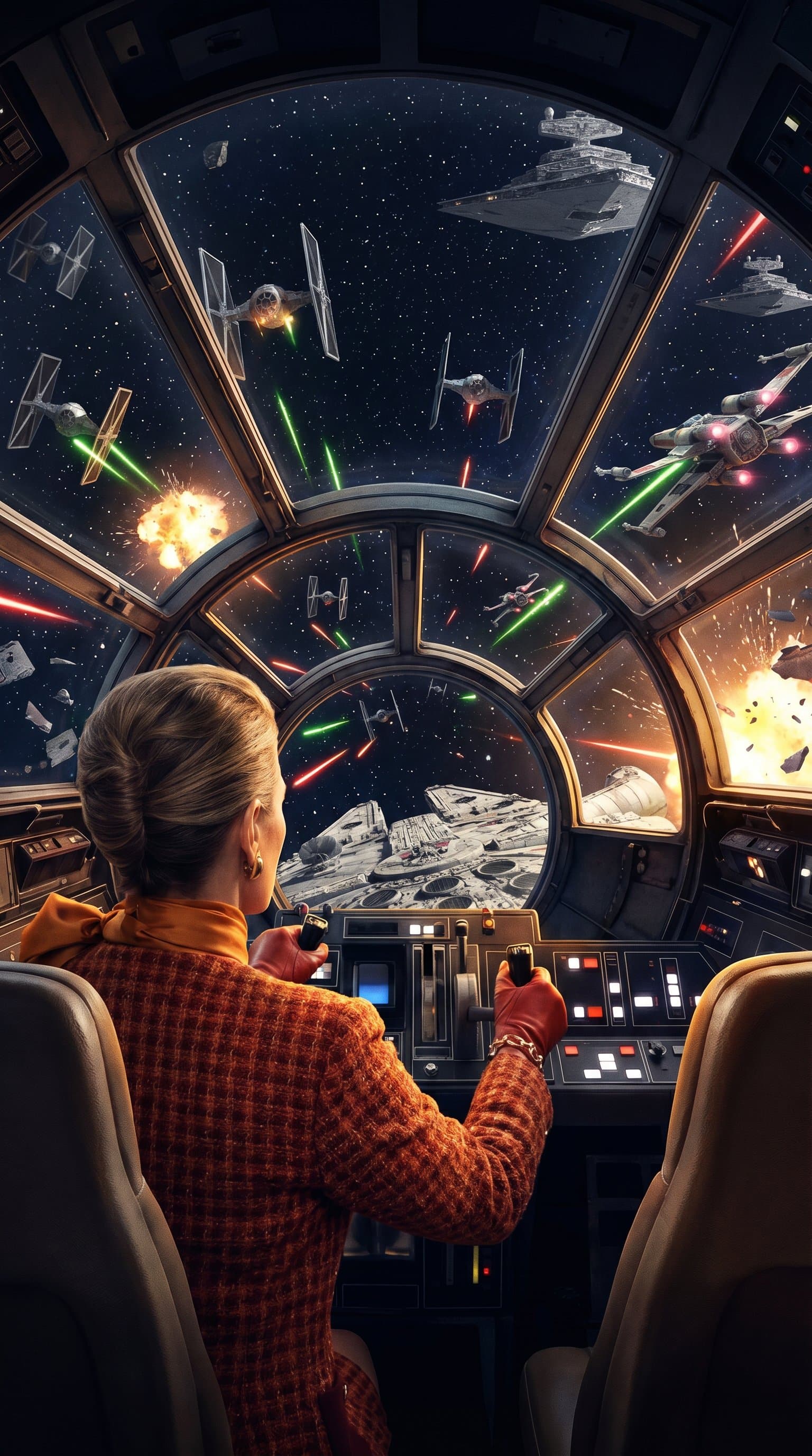 An epic space battle between starships, with the Millennium Falcon weaving through enemy fire