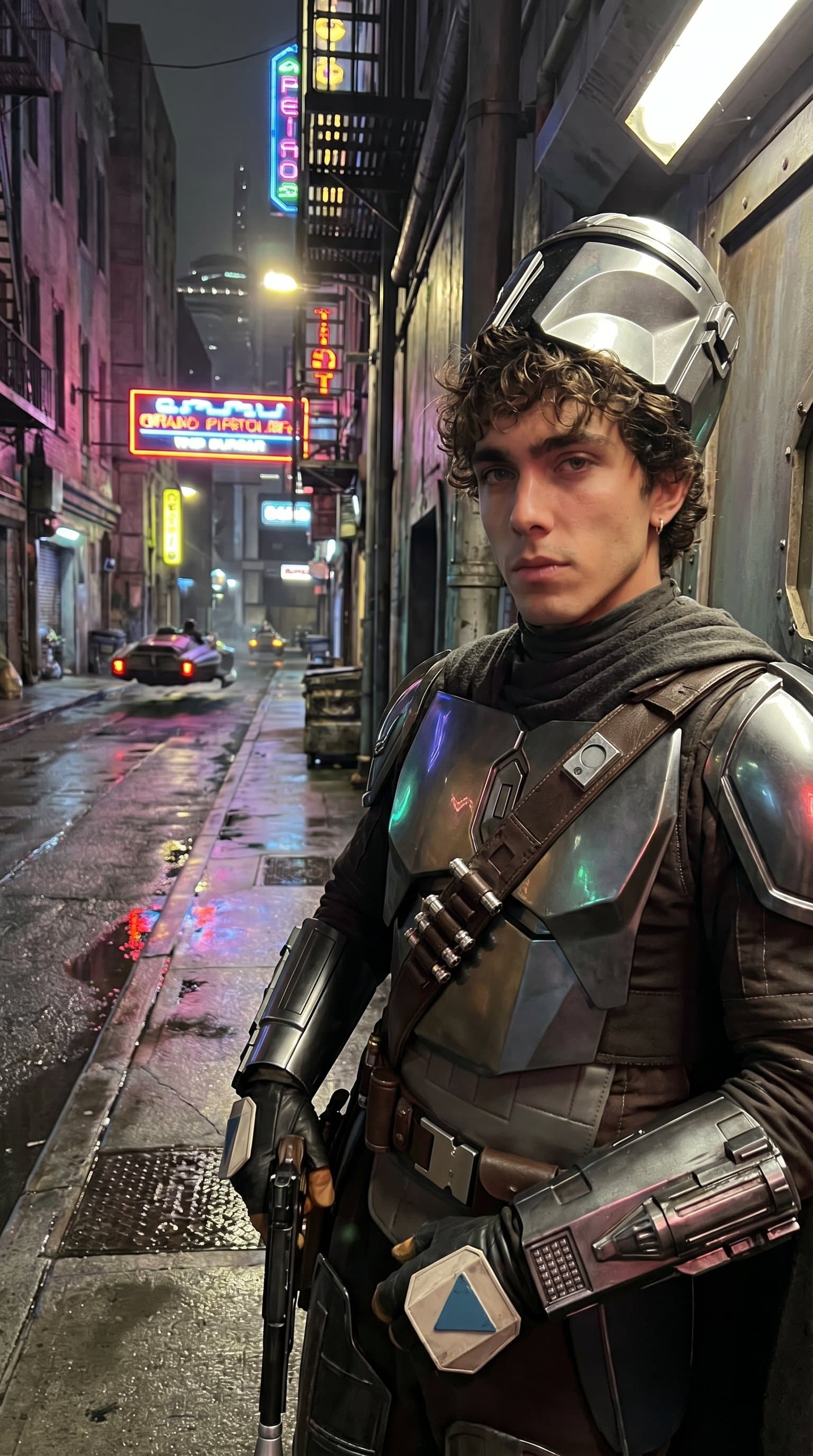 A man dressed as a Bounty Hunter, posing in the gritty streets of Coruscant at night