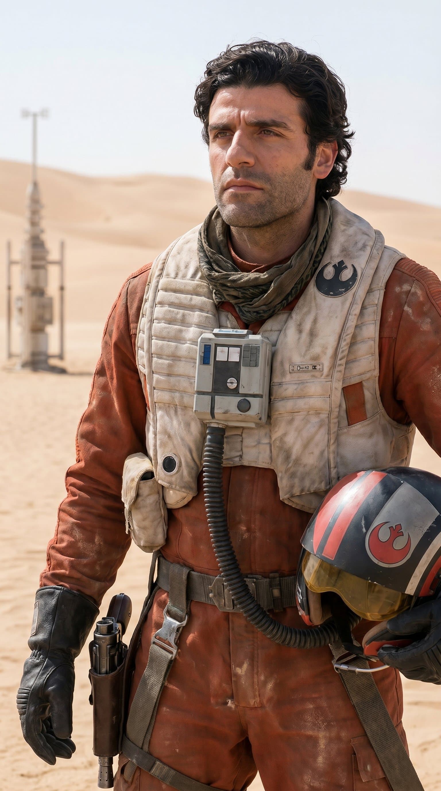 A portrait of a star wars rebel ready for an adventure, with a desert landscape in the background