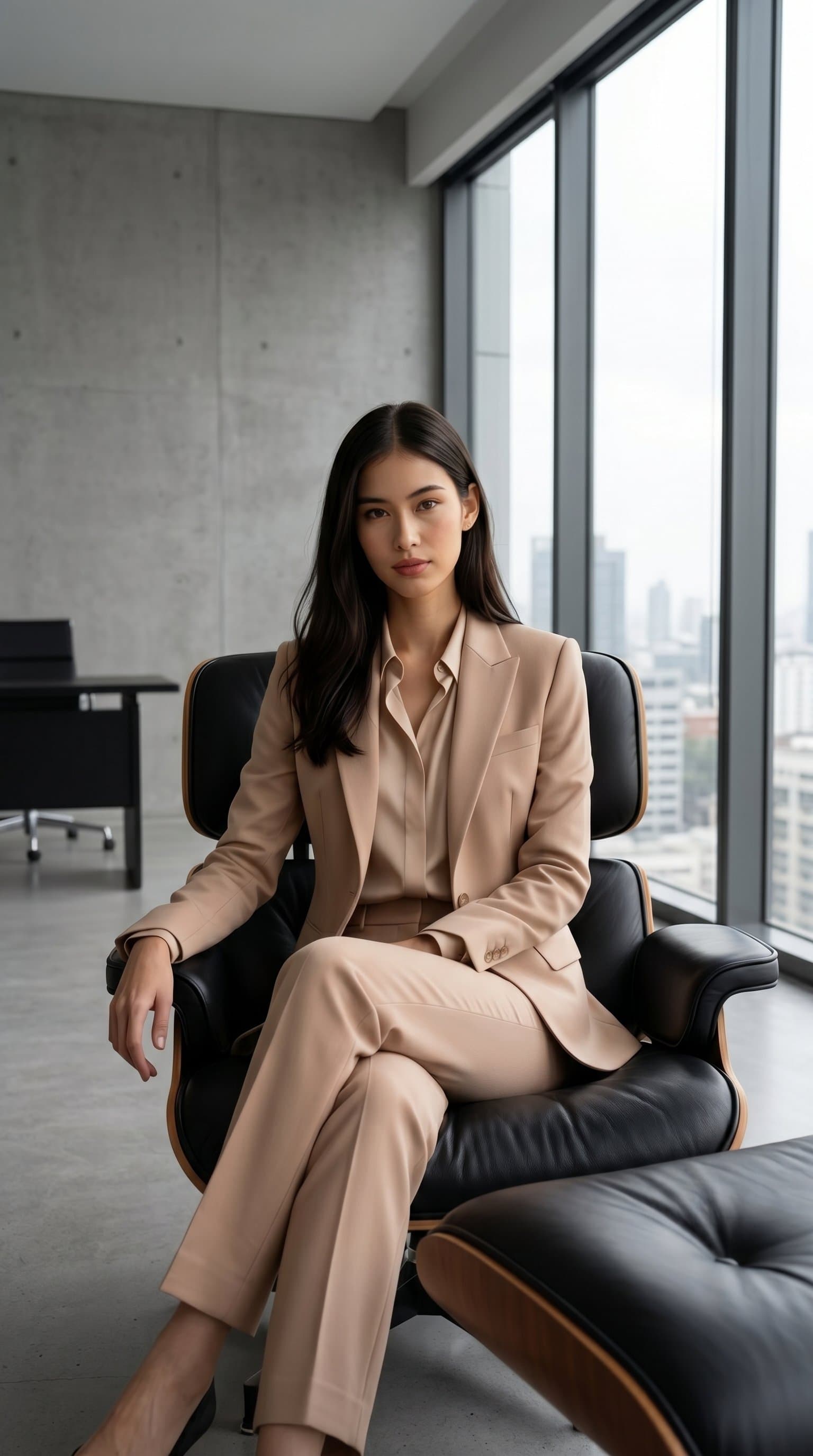 woman in a nude tailored suit sitting on a leather chair in a minimalist monochrome office, looking confidently into the camera