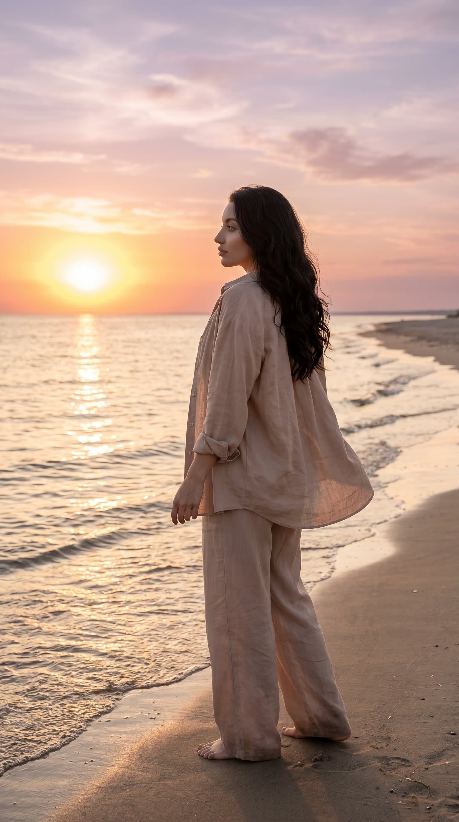 woman at a beach during sunset, wearing a loose nude linen outfit, looking out onto the water emphasizing serenity and calm