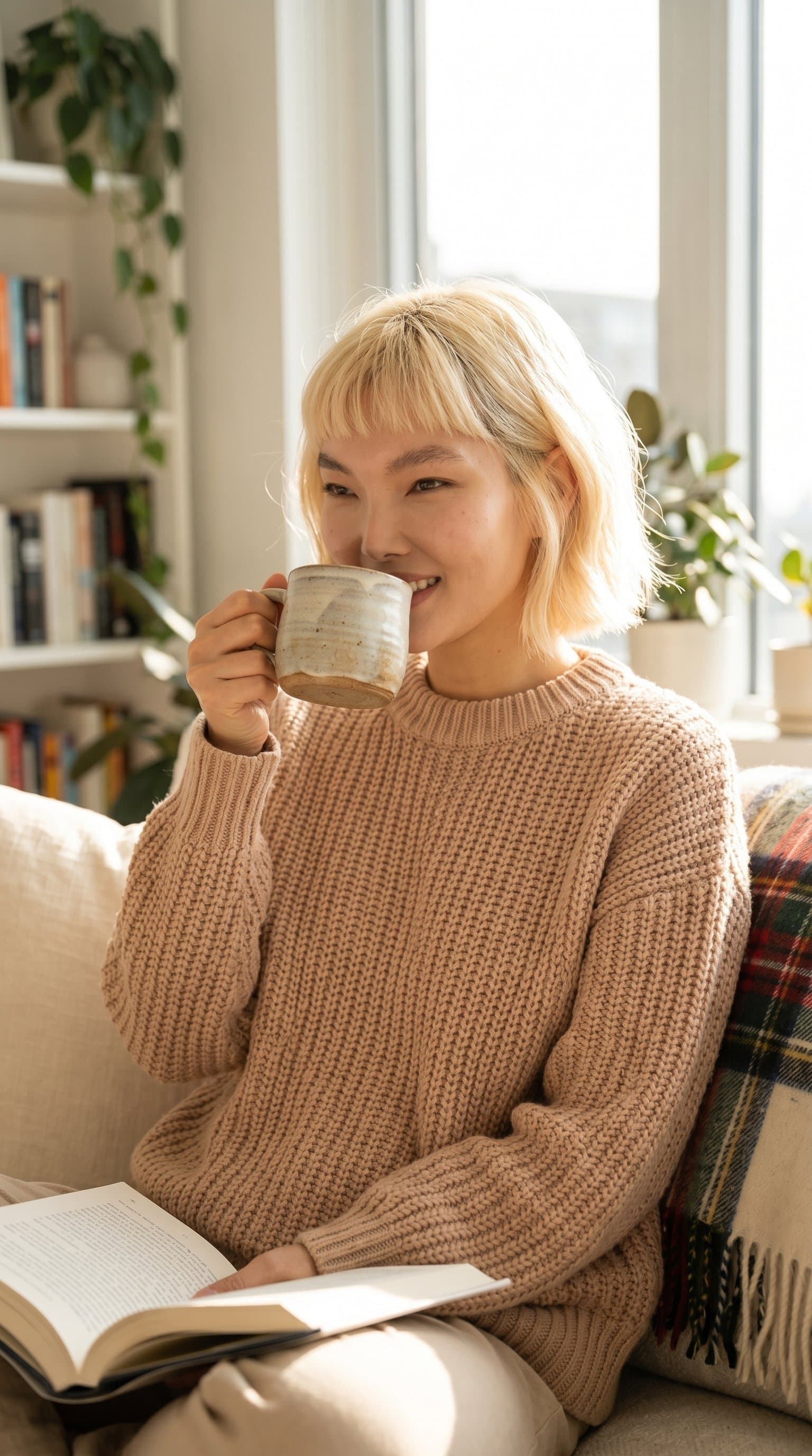 woman in a cozy setting wearing a nude knitted sweater and sipping coffee, soft lighting creating a warm, inviting mood