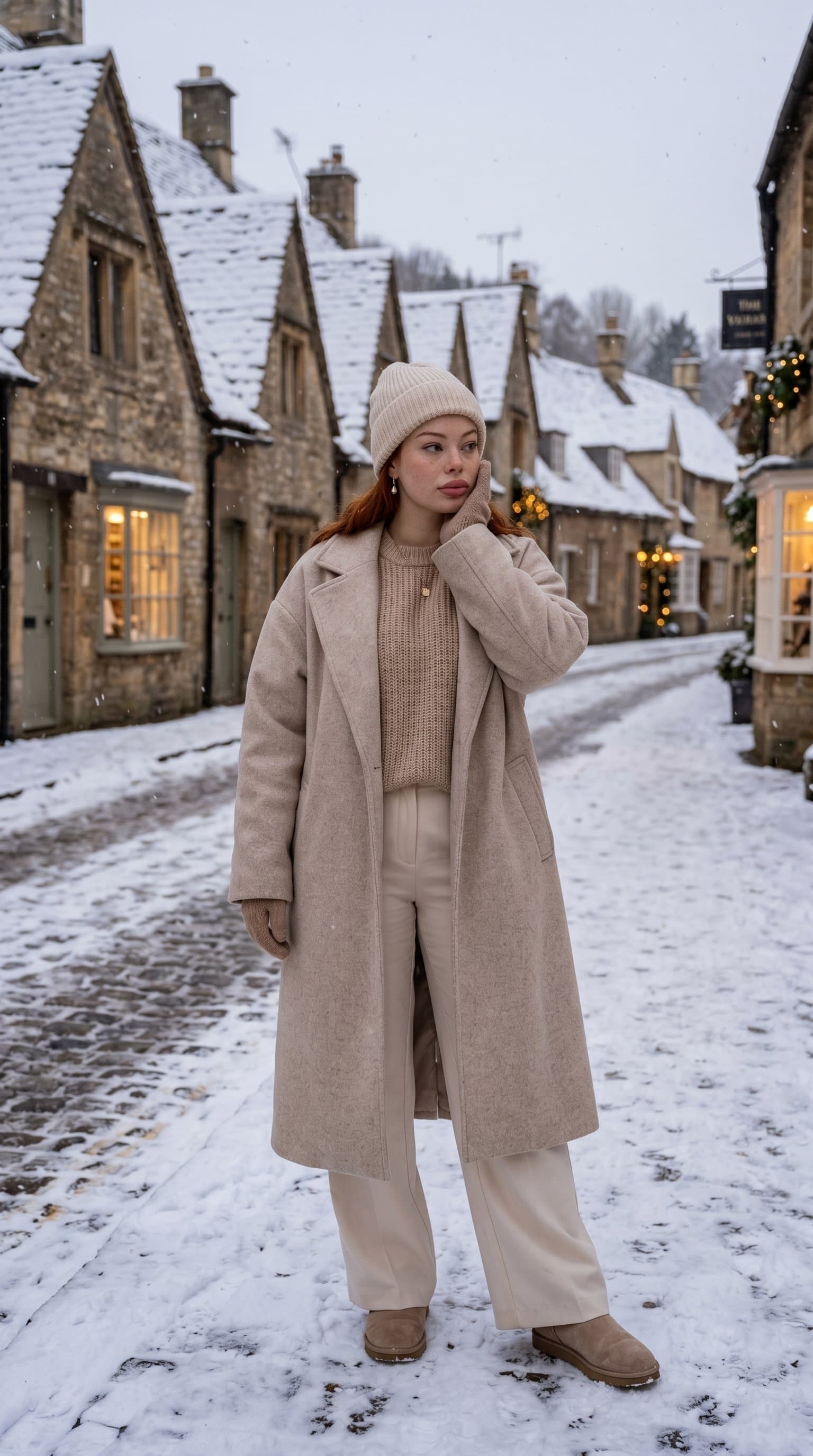 woman in a layered, nude winter ensemble standing in a quaint, snow-covered street, looking contemplative