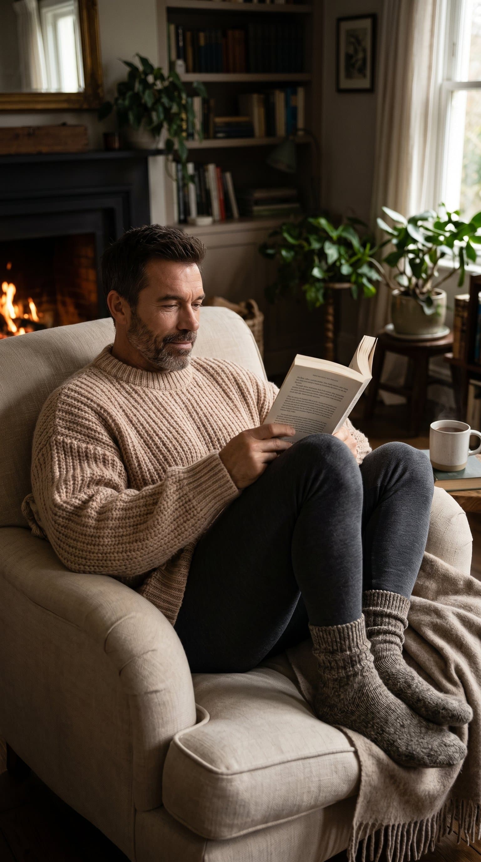 man in a nude, oversized sweater and leggings, curled up with a book in a cozy, home setting, encapsulating a comfortable, relaxed vibe