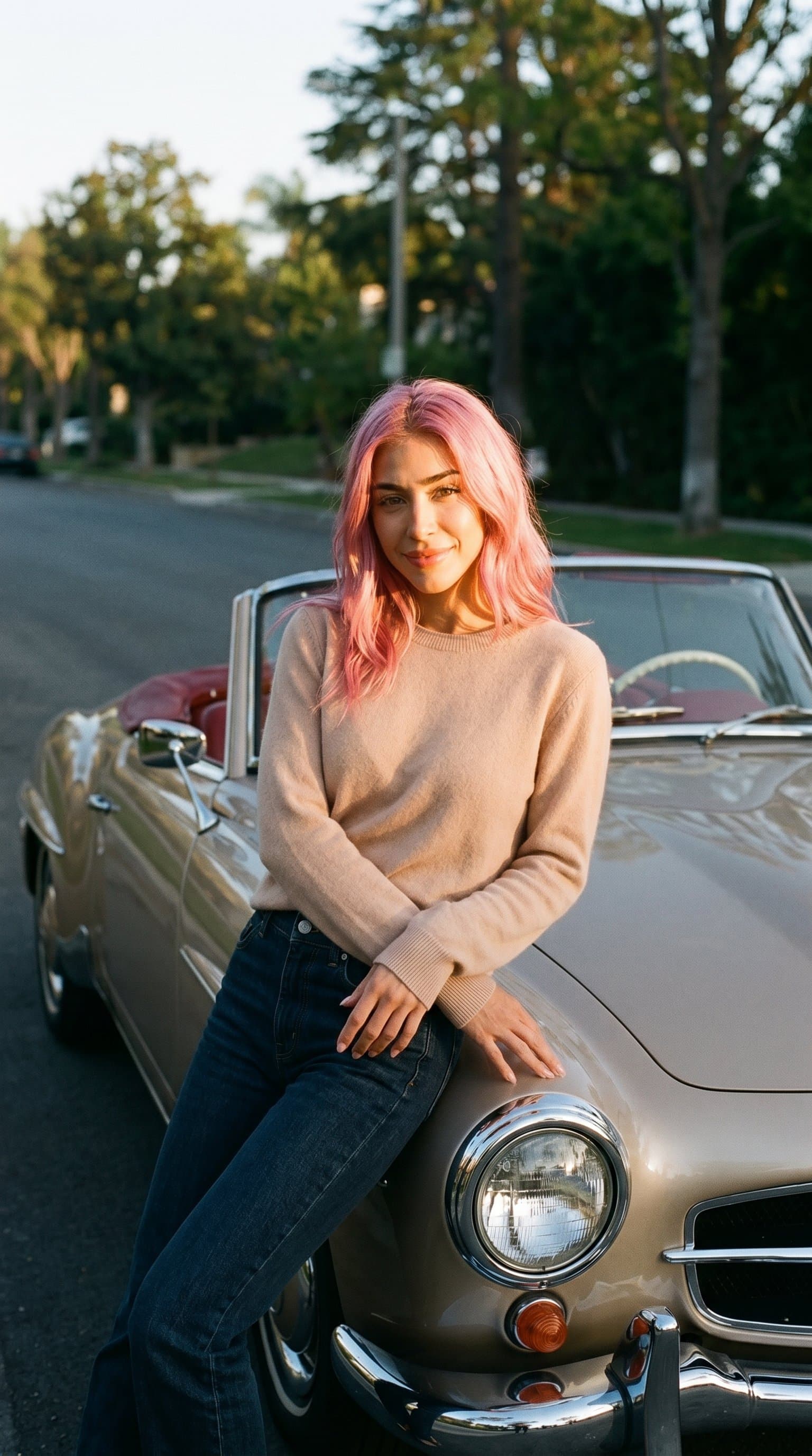 woman in a nude cashmere sweater and denim, leaning against a vintage car, under golden hour light, exuding a classic, timeless mood