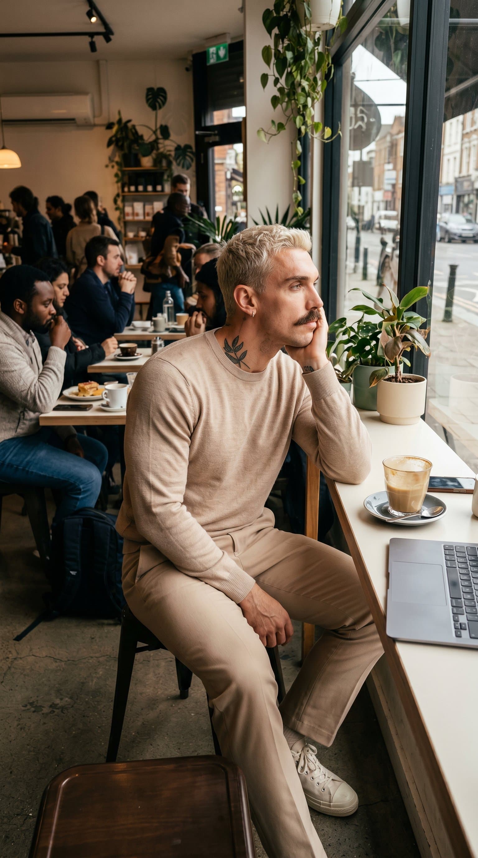 man in a nude casual outfit, sitting in a busy coffee shop, looking out the window, capturing a candid, relaxed mood