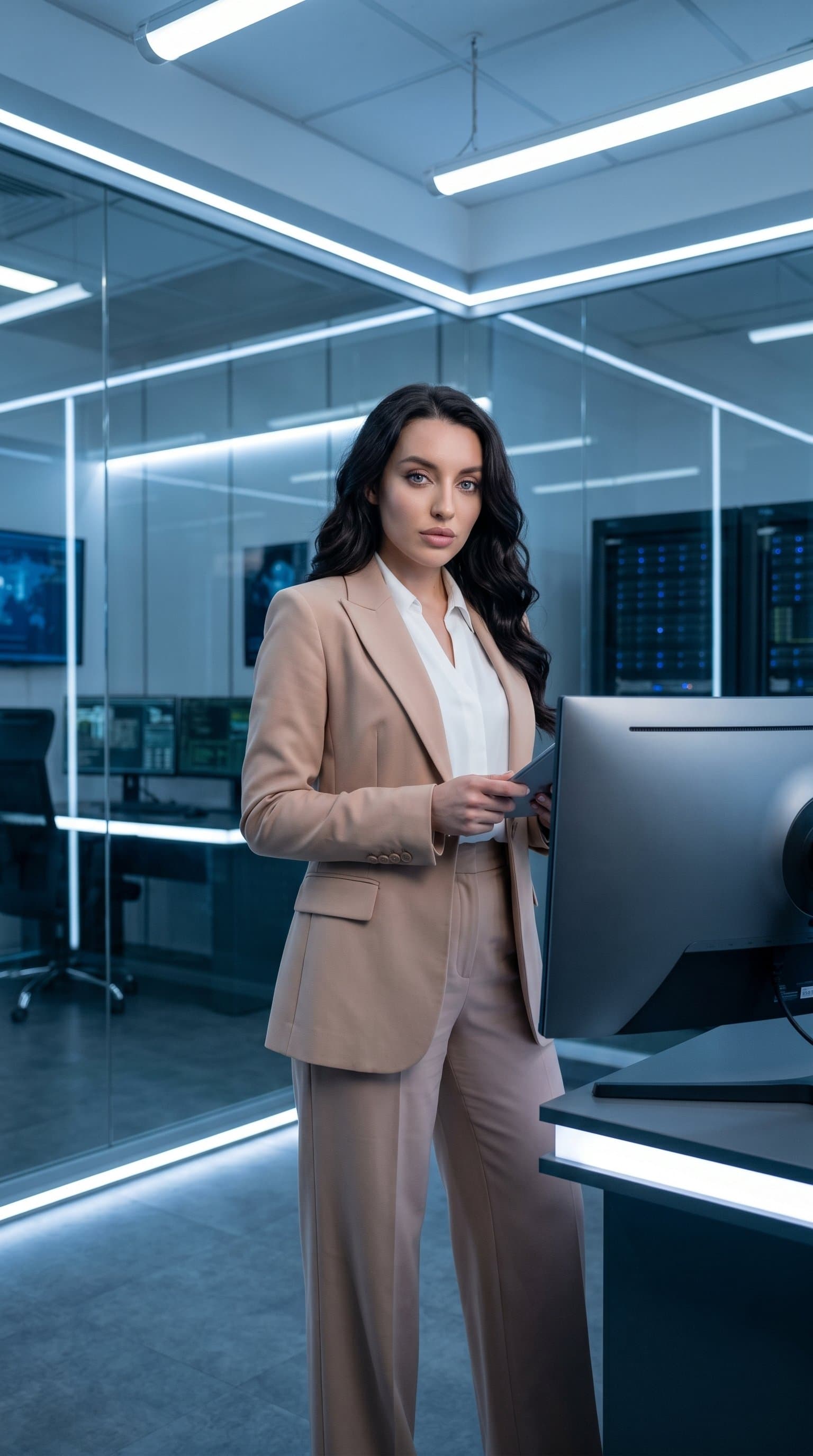 woman in a nude, structured pantsuit in a high-tech office setting, under cool lighting, looking focused and professional