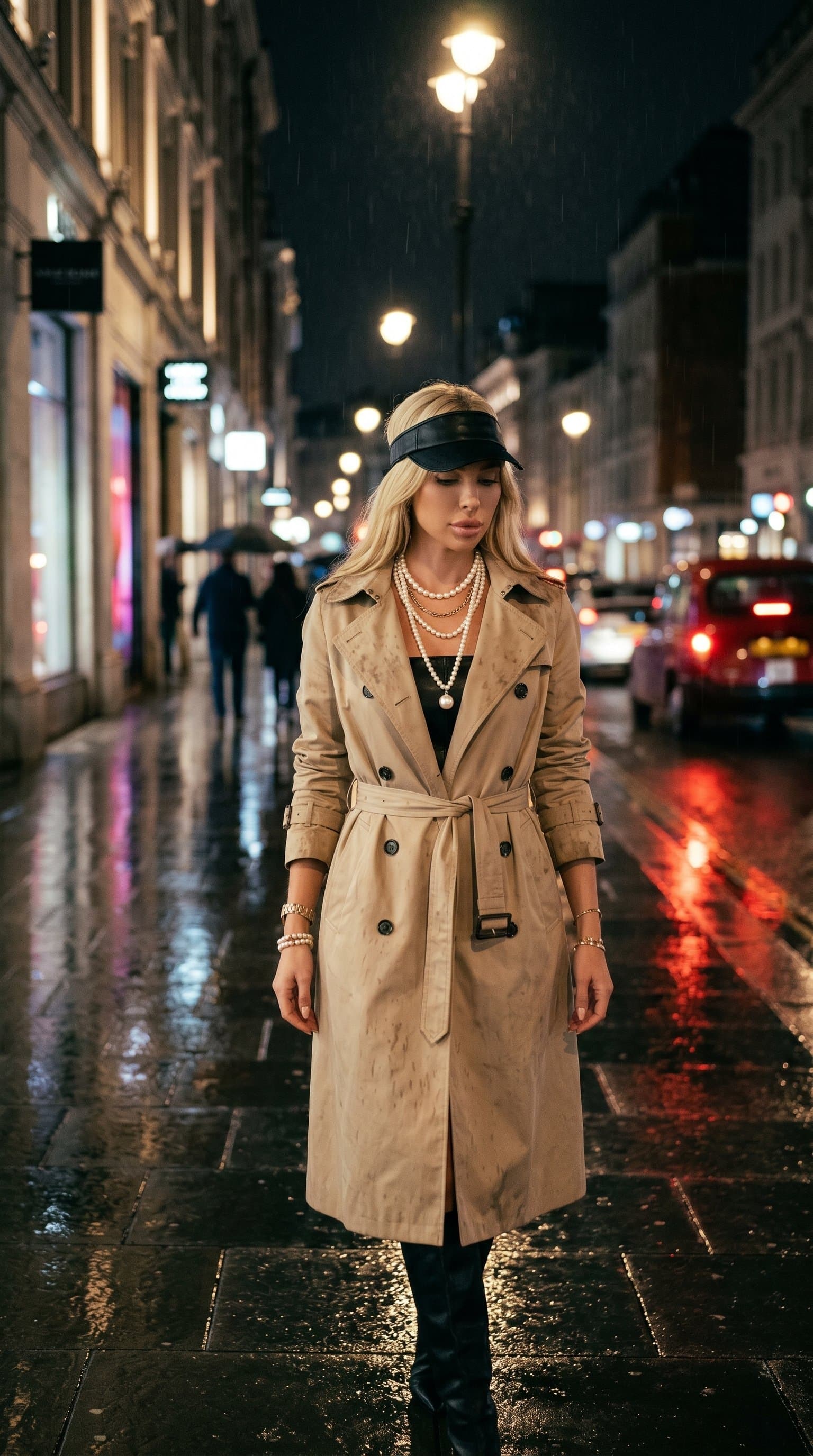 woman clad in a nude trench coat under city street lights, with wet pavement reflecting the light and creating a moody atmosphere