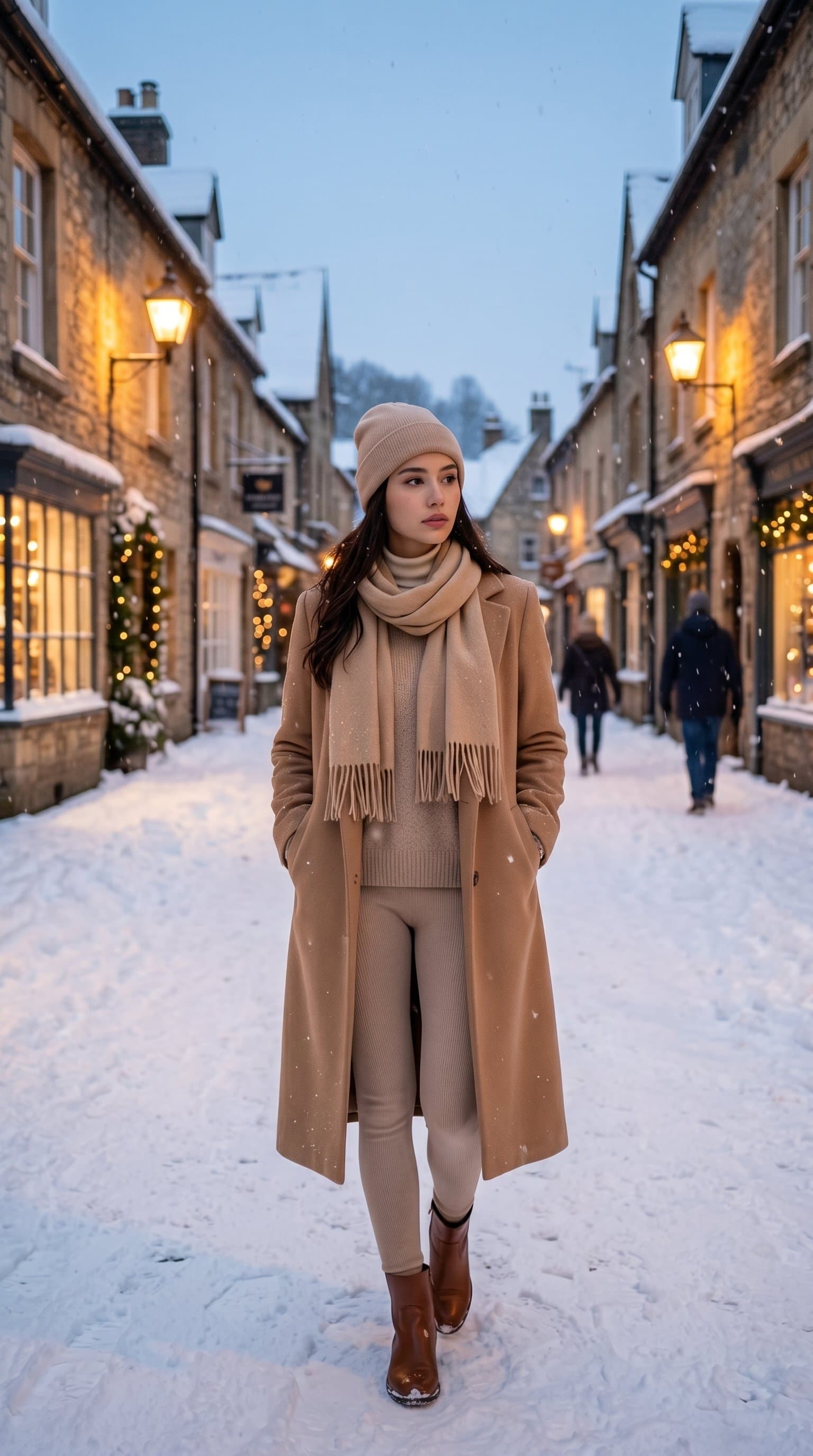 woman in a layered, nude winter ensemble standing in a quaint, snow-covered street, looking contemplative