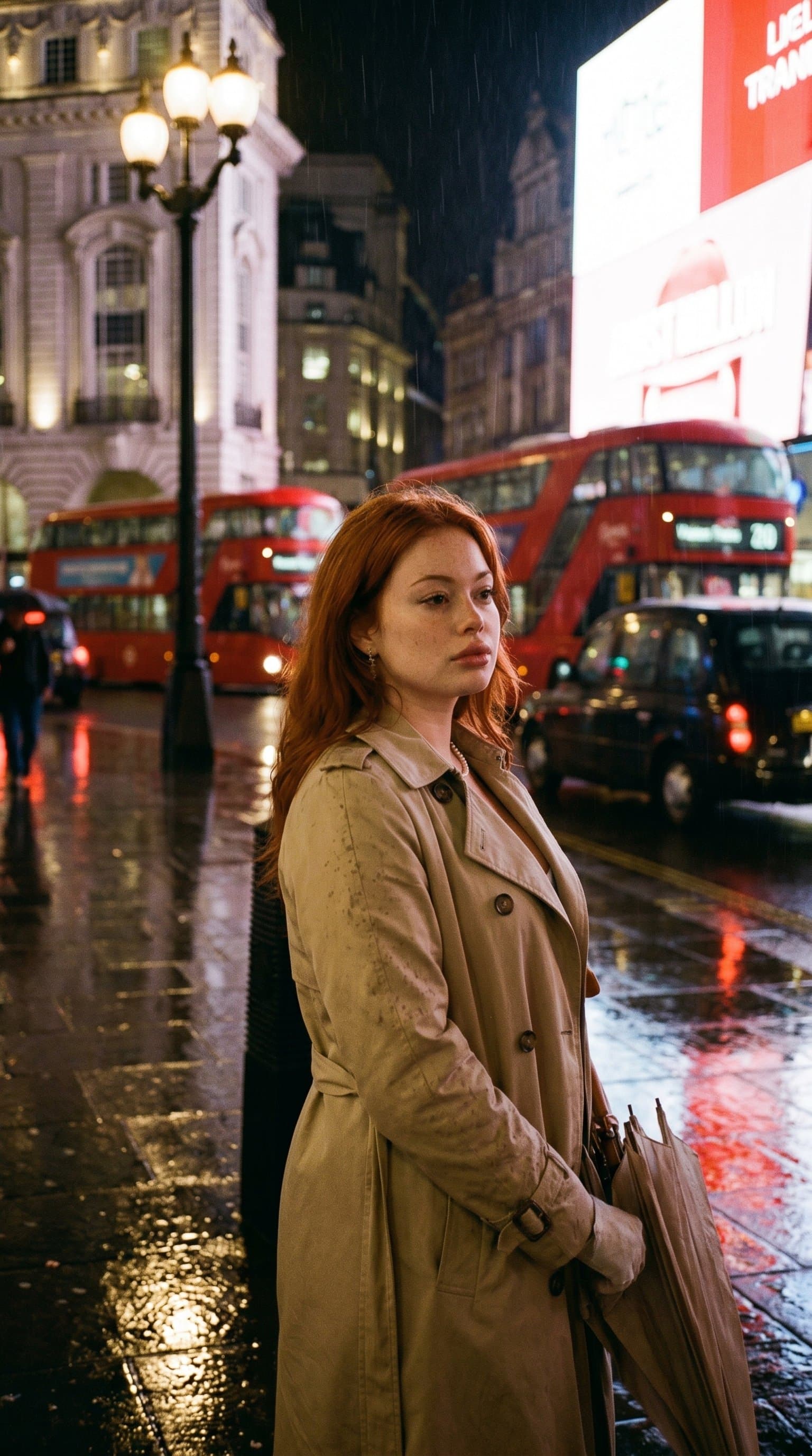 woman clad in a nude trench coat under city street lights, with wet pavement reflecting the light and creating a moody atmosphere