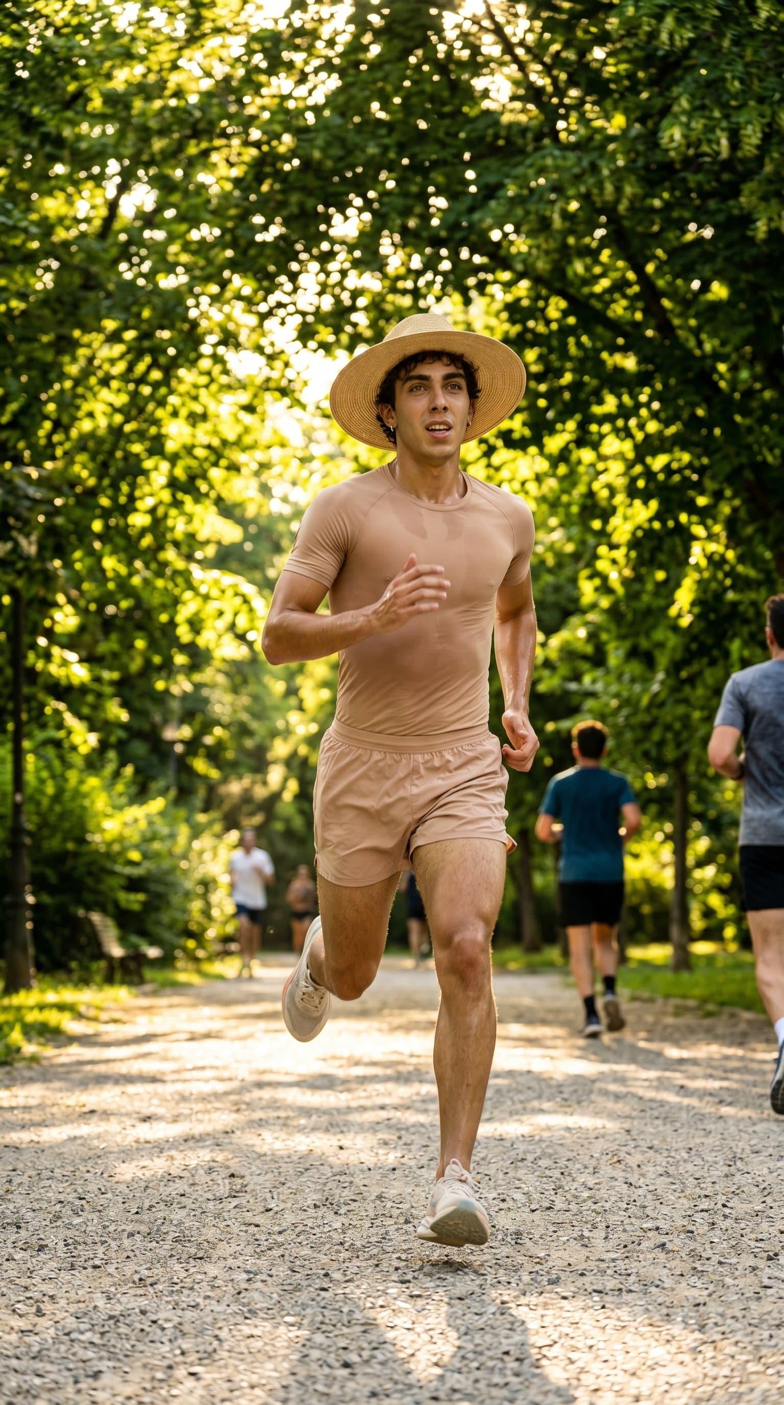 man in a nude athletic outfit during a run in the park, sunlight filtering through the trees, giving off a vibe of energy and vitality