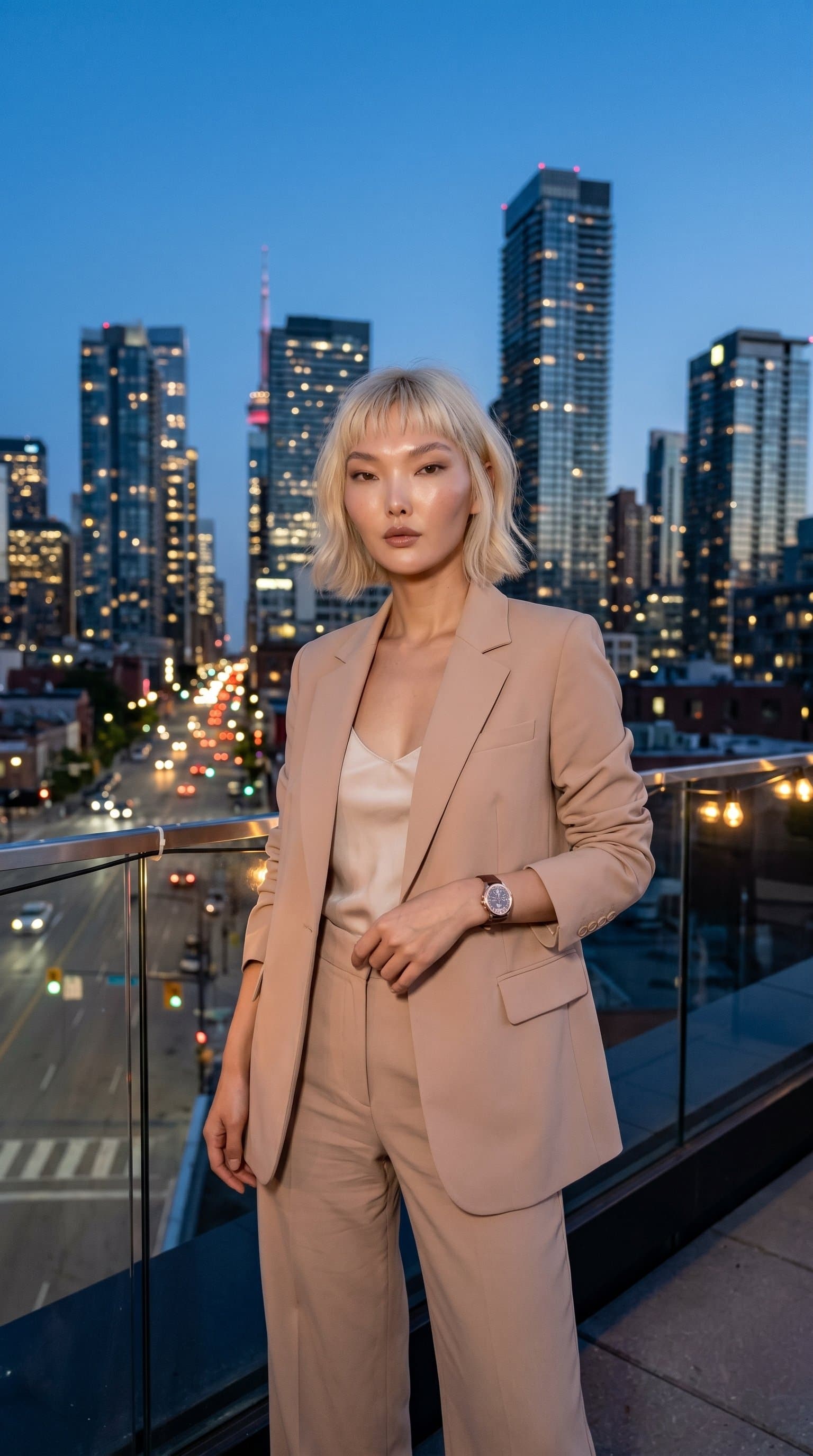 woman sporting a nude blazer and trousers on a rooftop at dusk, the city skyline in the background creating an urban, sophisticated mood
