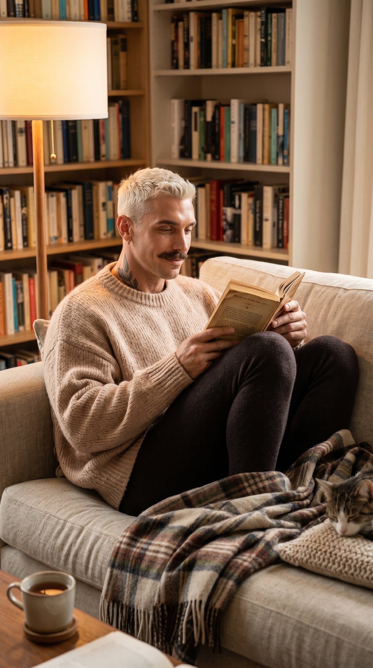 man in a nude, oversized sweater and leggings, curled up with a book in a cozy, home setting, encapsulating a comfortable, relaxed vibe