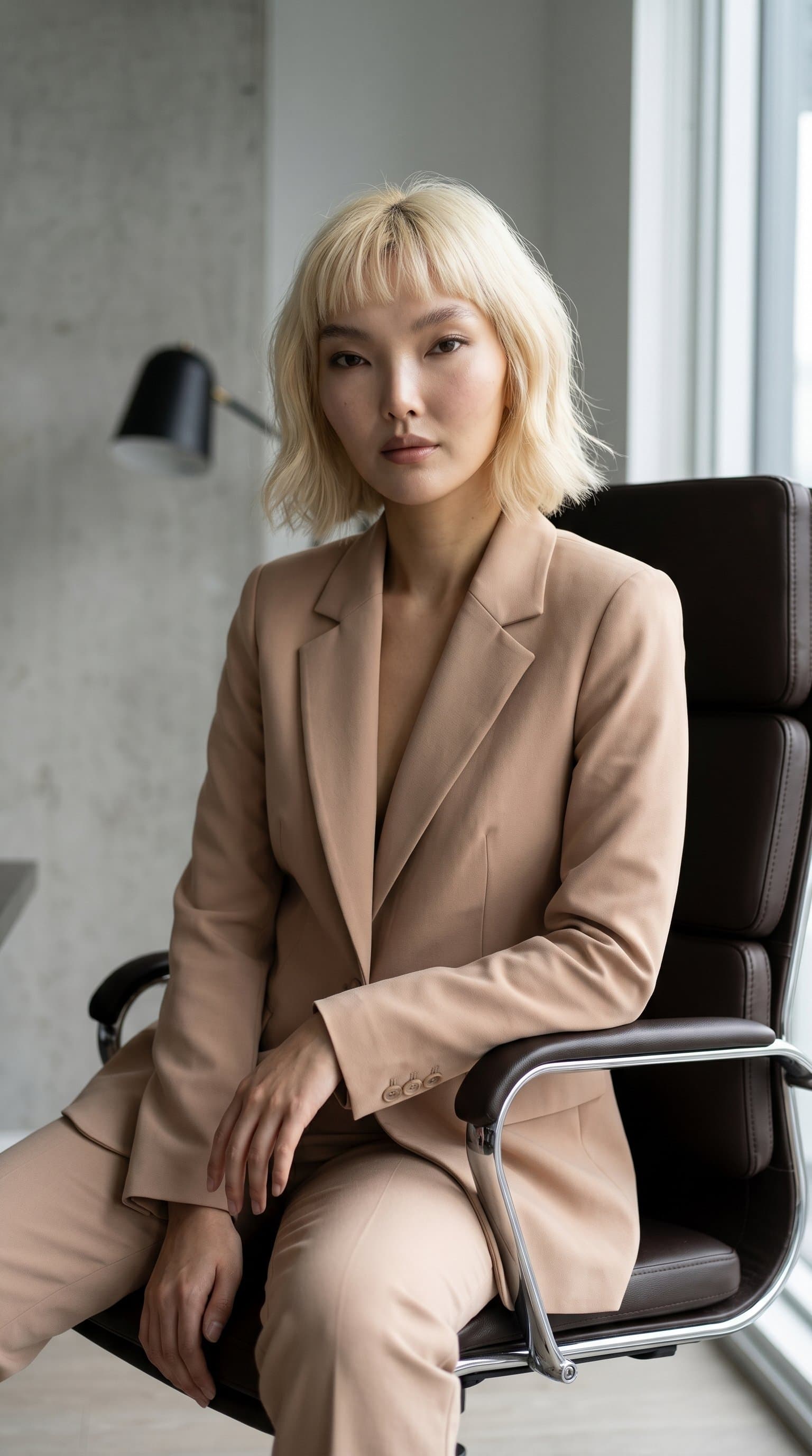 woman in a nude tailored suit sitting on a leather chair in a minimalist monochrome office, looking confidently into the camera