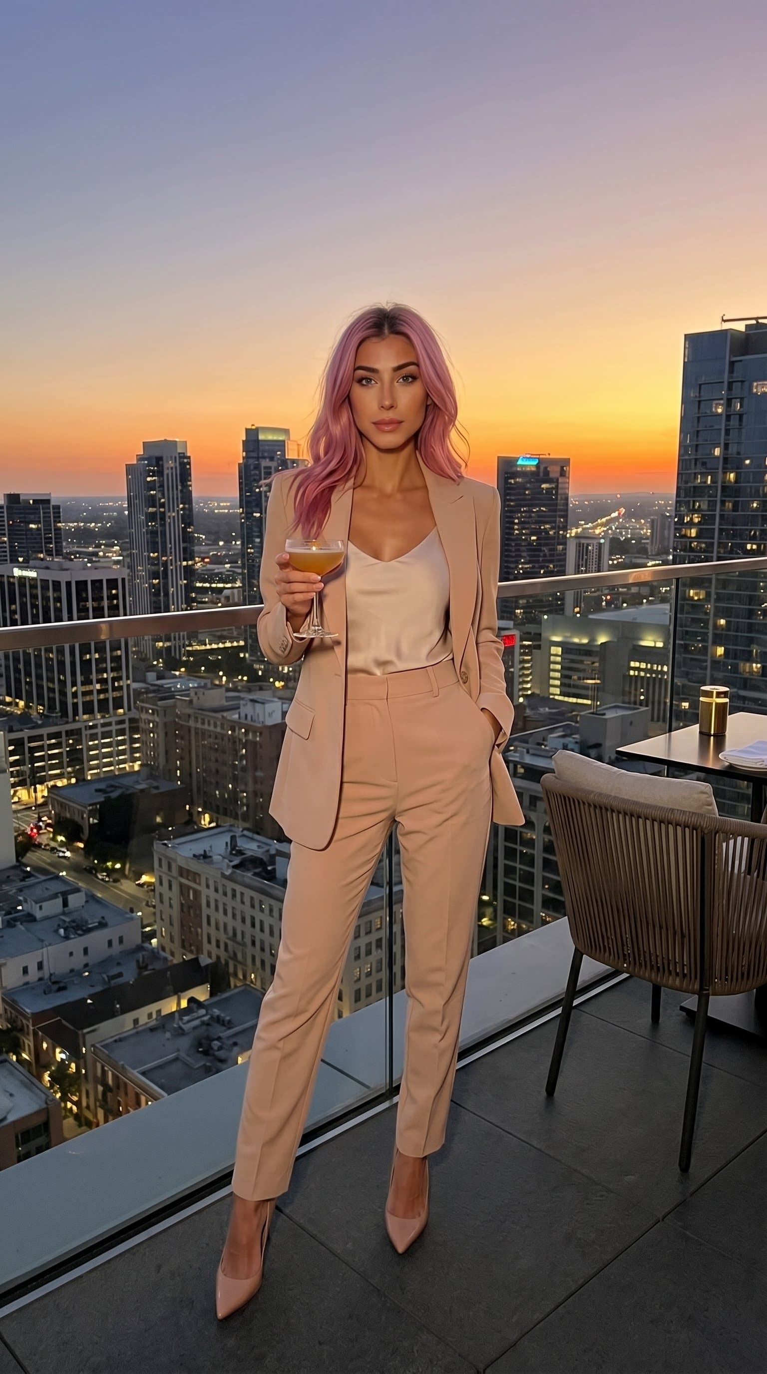 woman sporting a nude blazer and trousers on a rooftop at dusk, the city skyline in the background creating an urban, sophisticated mood