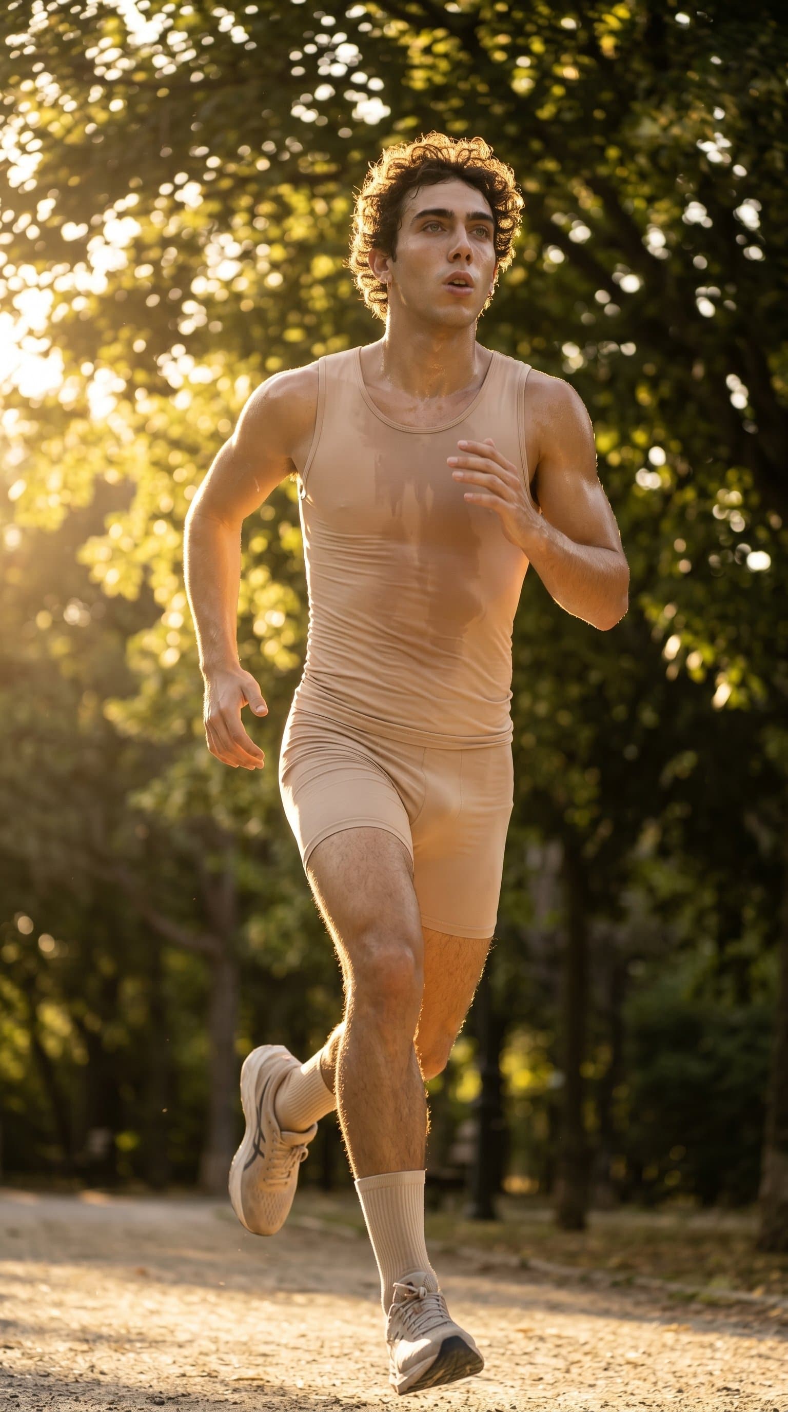 man in a nude athletic outfit during a run in the park, sunlight filtering through the trees, giving off a vibe of energy and vitality