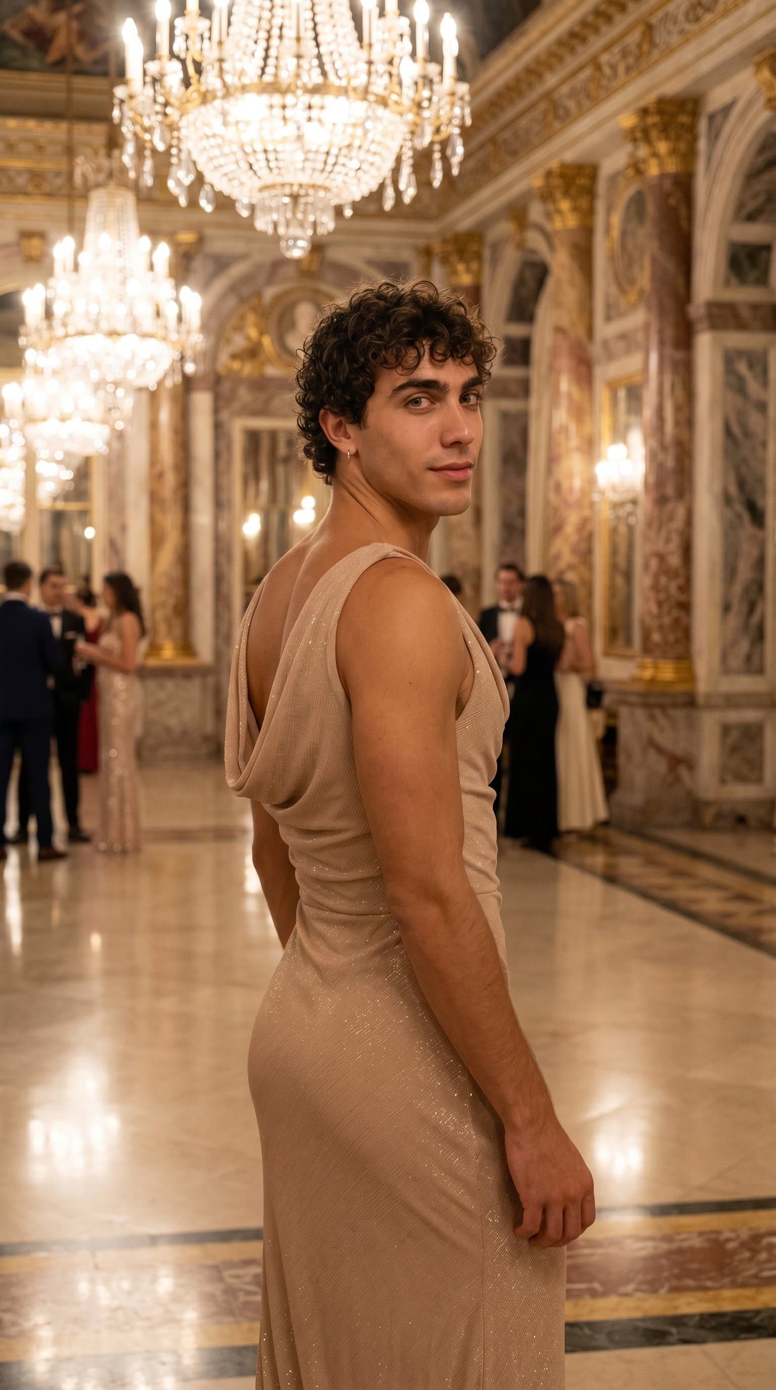 man in a nude evening gown in a luxurious ballroom setting, looking at the camera over their shoulder with an enigmatic smile