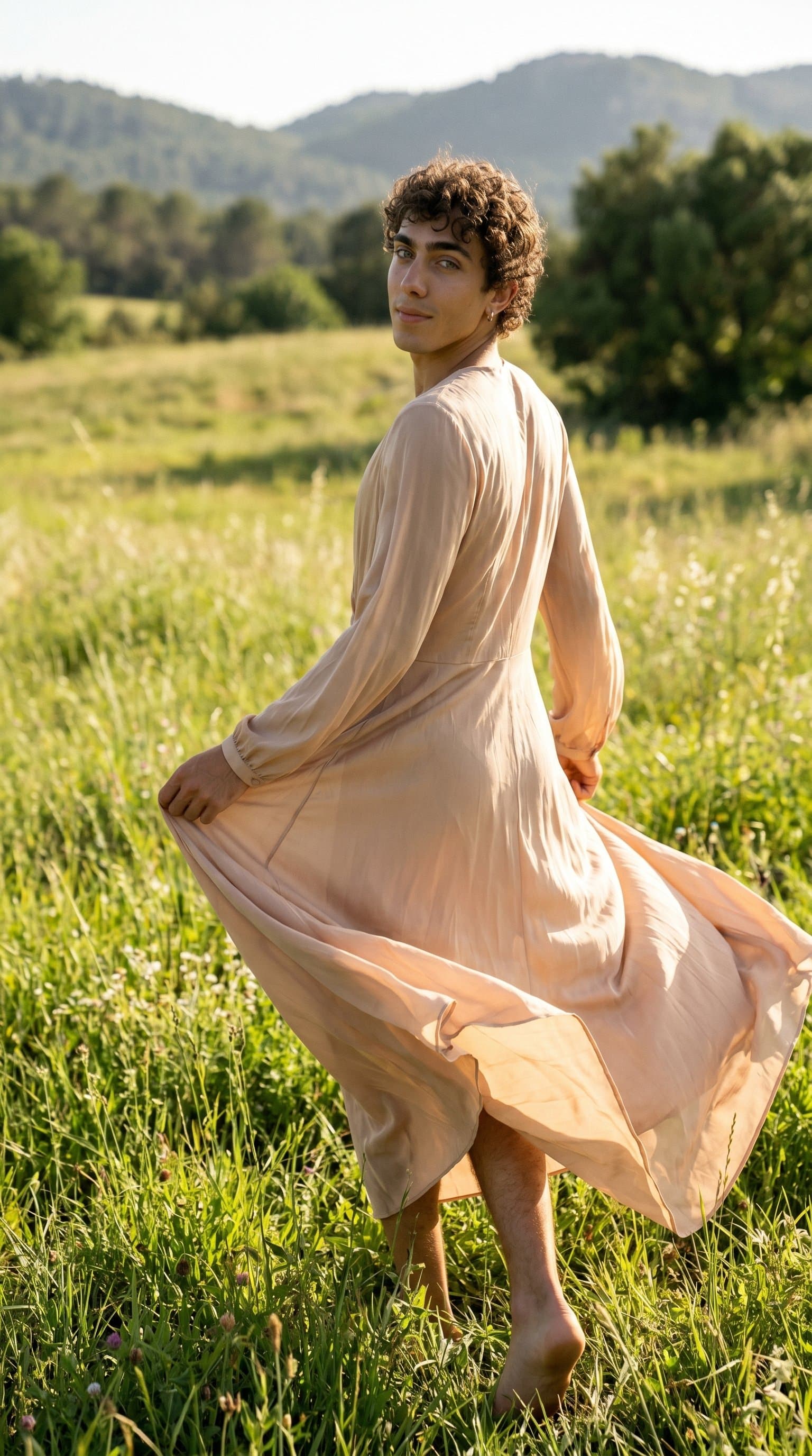 man in a sun-drenched meadow wearing a flowing nude dress, looking over their shoulder with a wistful expression
