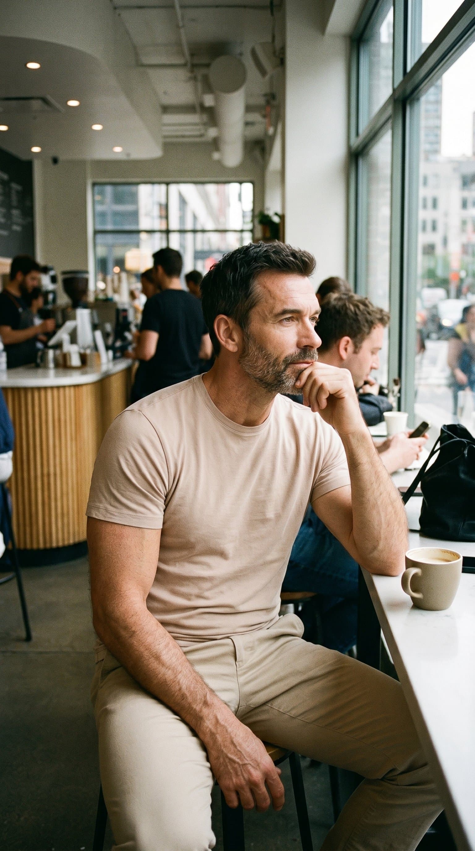 man in a nude casual outfit, sitting in a busy coffee shop, looking out the window, capturing a candid, relaxed mood