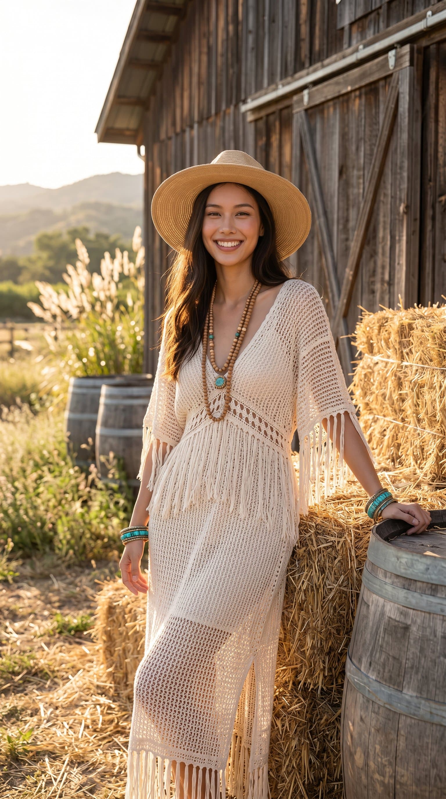 woman in a nude boho-chic outfit in a rustic setting, smiling warmly and engaging the camera directly