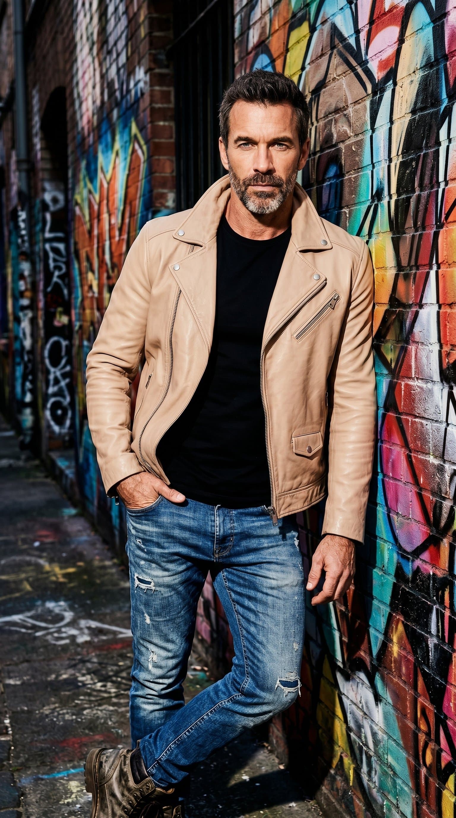 man in a nude leather jacket and jeans posing against a graffiti wall, with dynamic, high contrast lighting emphasizing edginess