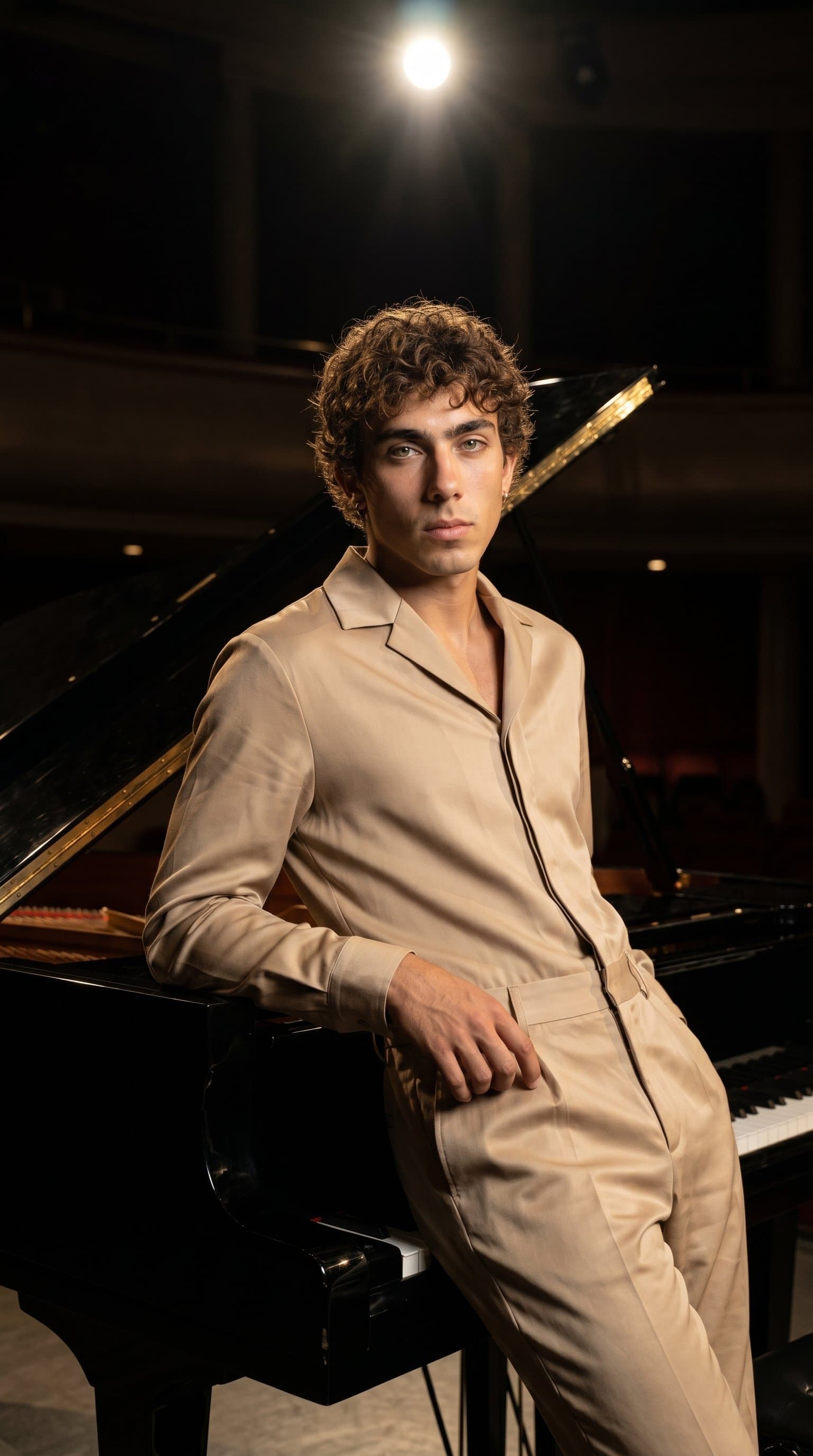 man in a nude silk jumpsuit leaning on a grand piano, under dramatic downlight, looking straight into the camera with a serious expression