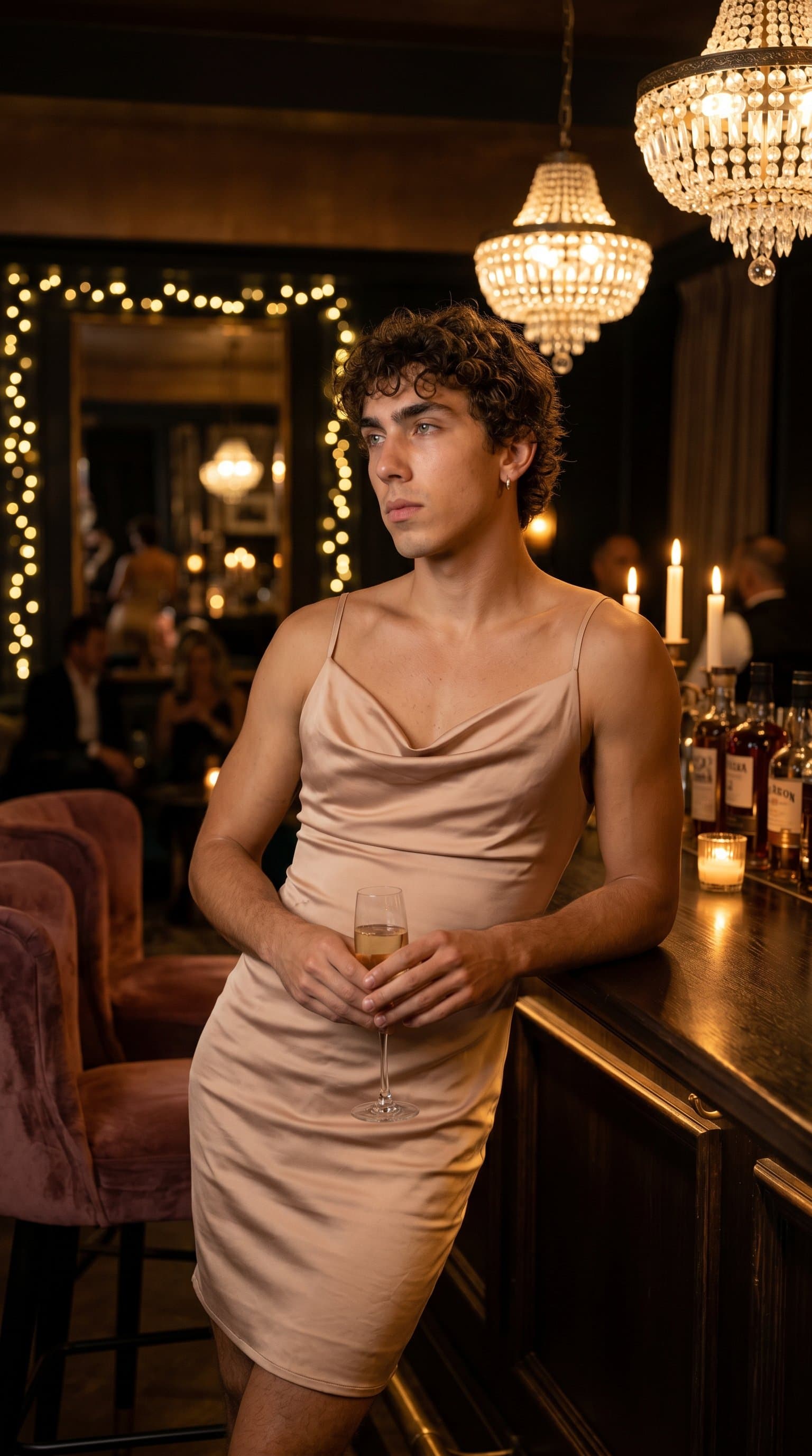 man in a nude satin cocktail dress in a high-end bar, gazing off-camera with a mysterious expression, under soft, romantic lighting