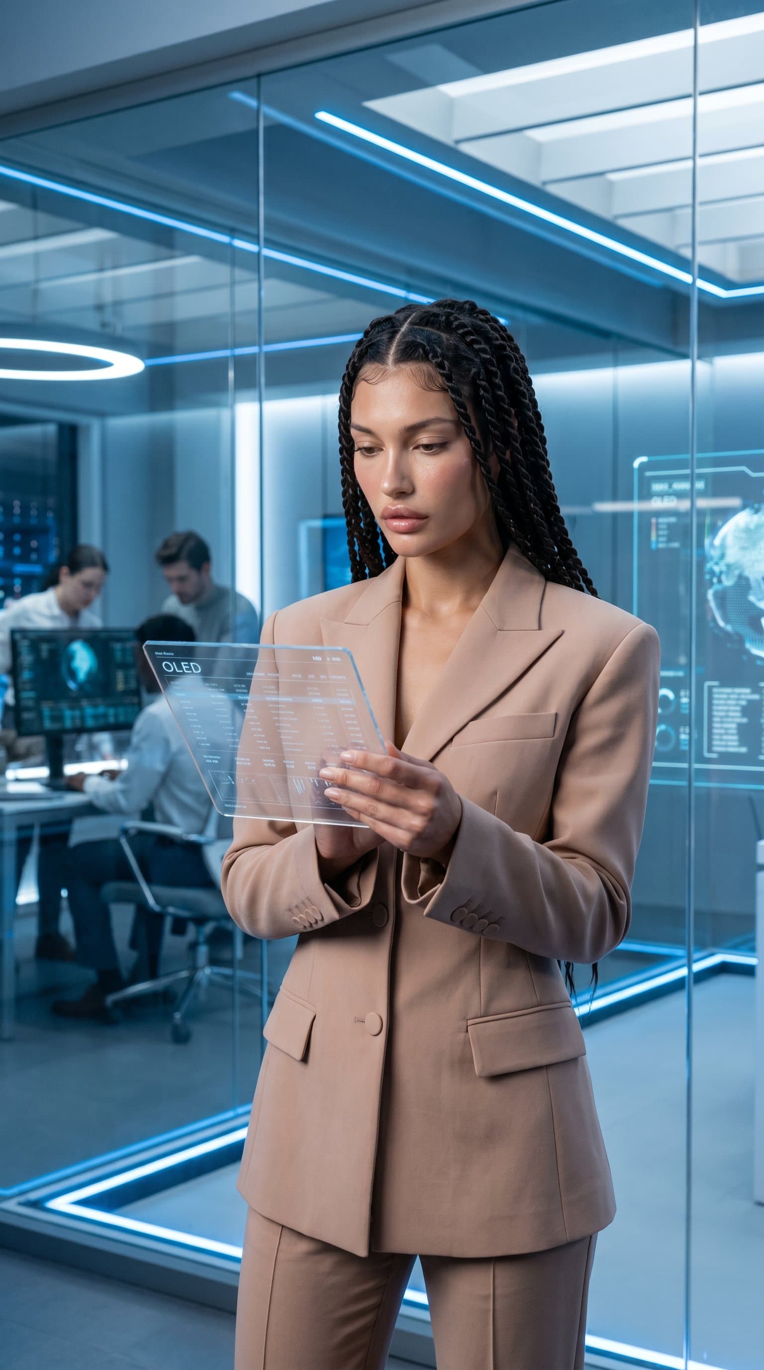 woman in a nude, structured pantsuit in a high-tech office setting, under cool lighting, looking focused and professional