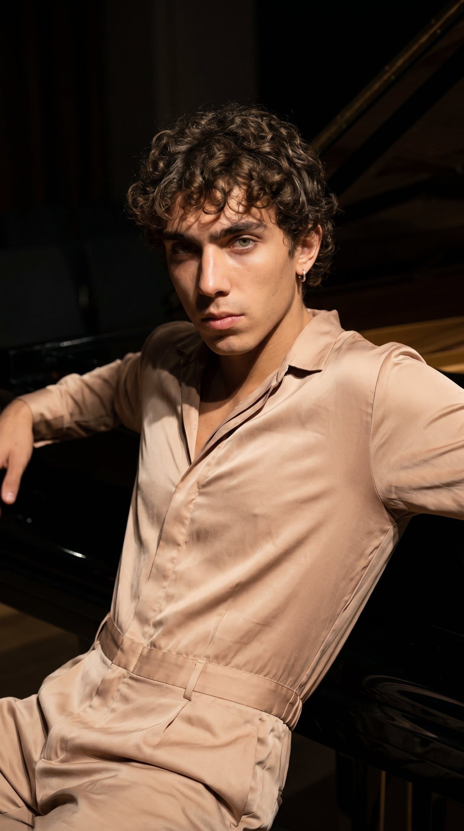 man in a nude silk jumpsuit leaning on a grand piano, under dramatic downlight, looking straight into the camera with a serious expression