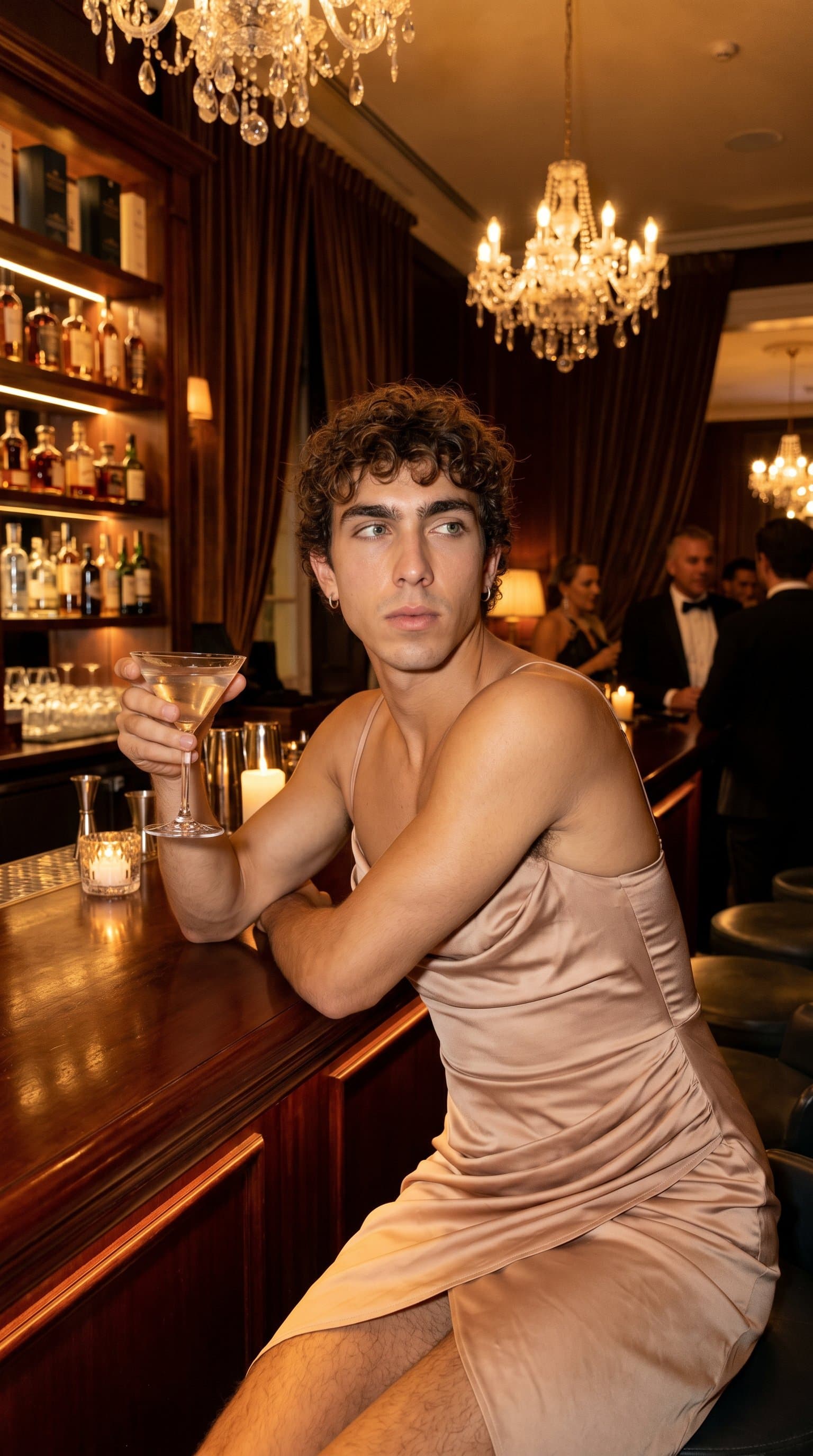 man in a nude satin cocktail dress in a high-end bar, gazing off-camera with a mysterious expression, under soft, romantic lighting