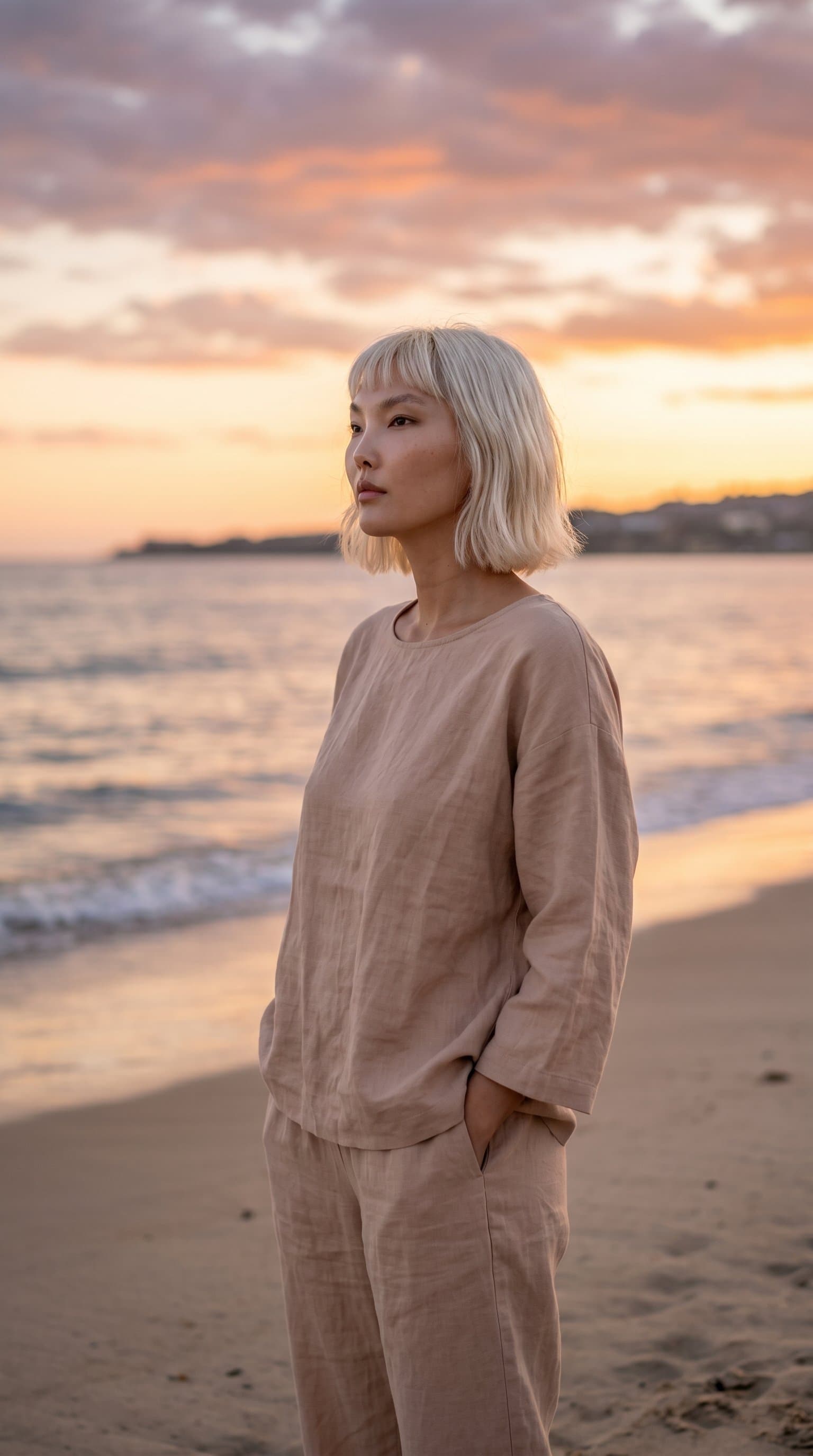 woman at a beach during sunset, wearing a loose nude linen outfit, looking out onto the water emphasizing serenity and calm