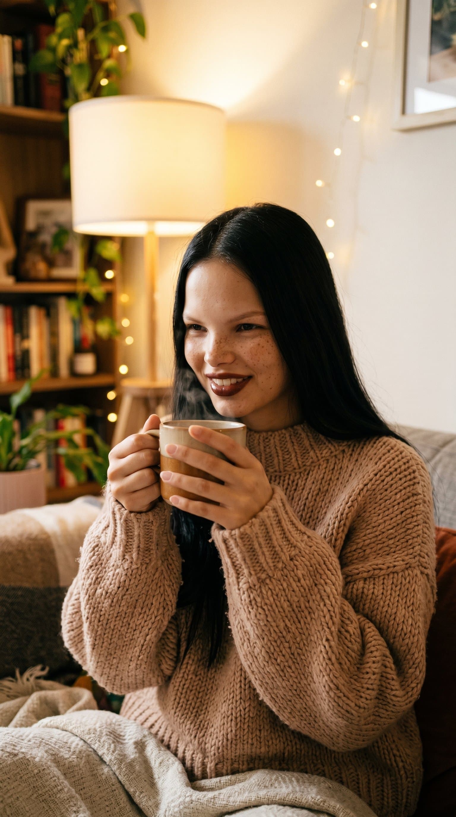 woman in a cozy setting wearing a nude knitted sweater and sipping coffee, soft lighting creating a warm, inviting mood