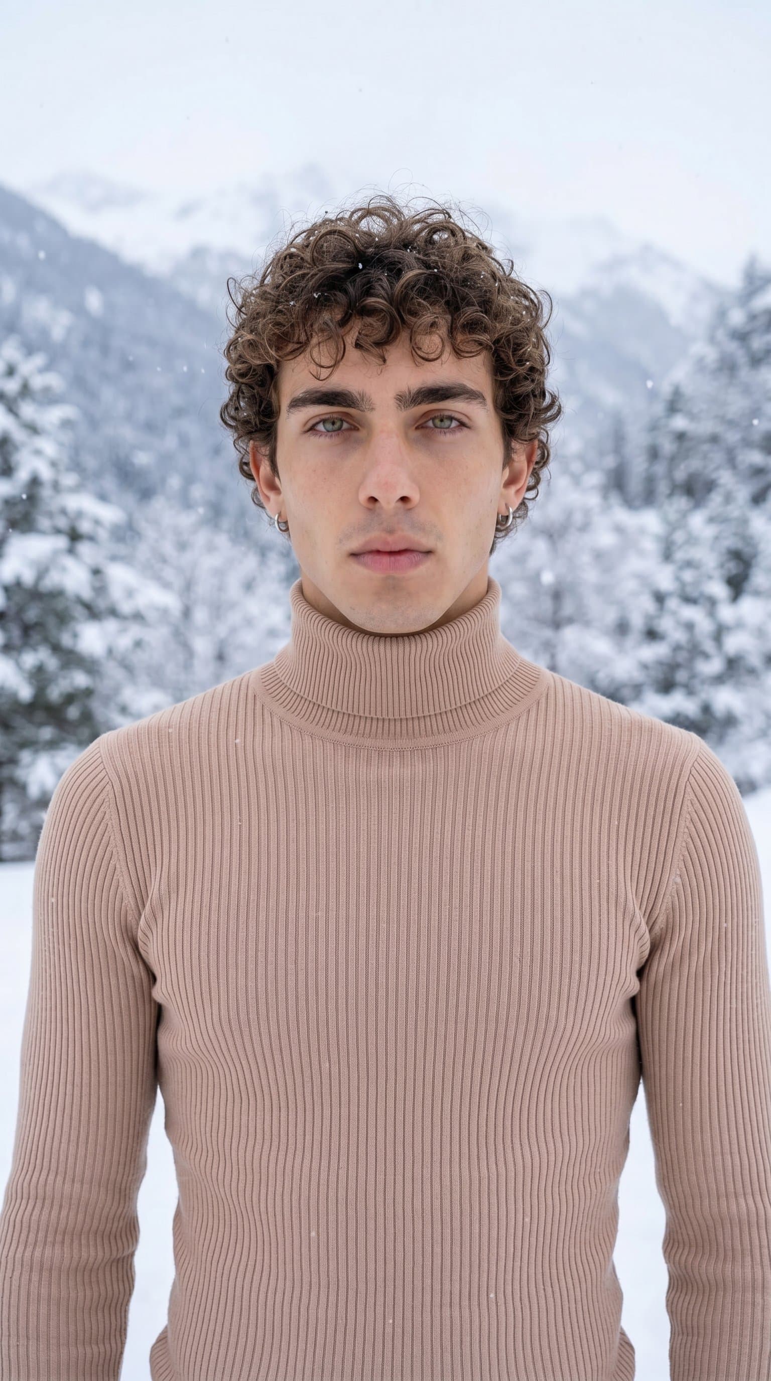 man in a tight-fitting, nude turtleneck sweater against a snowy background, exuding an aura of quiet elegance