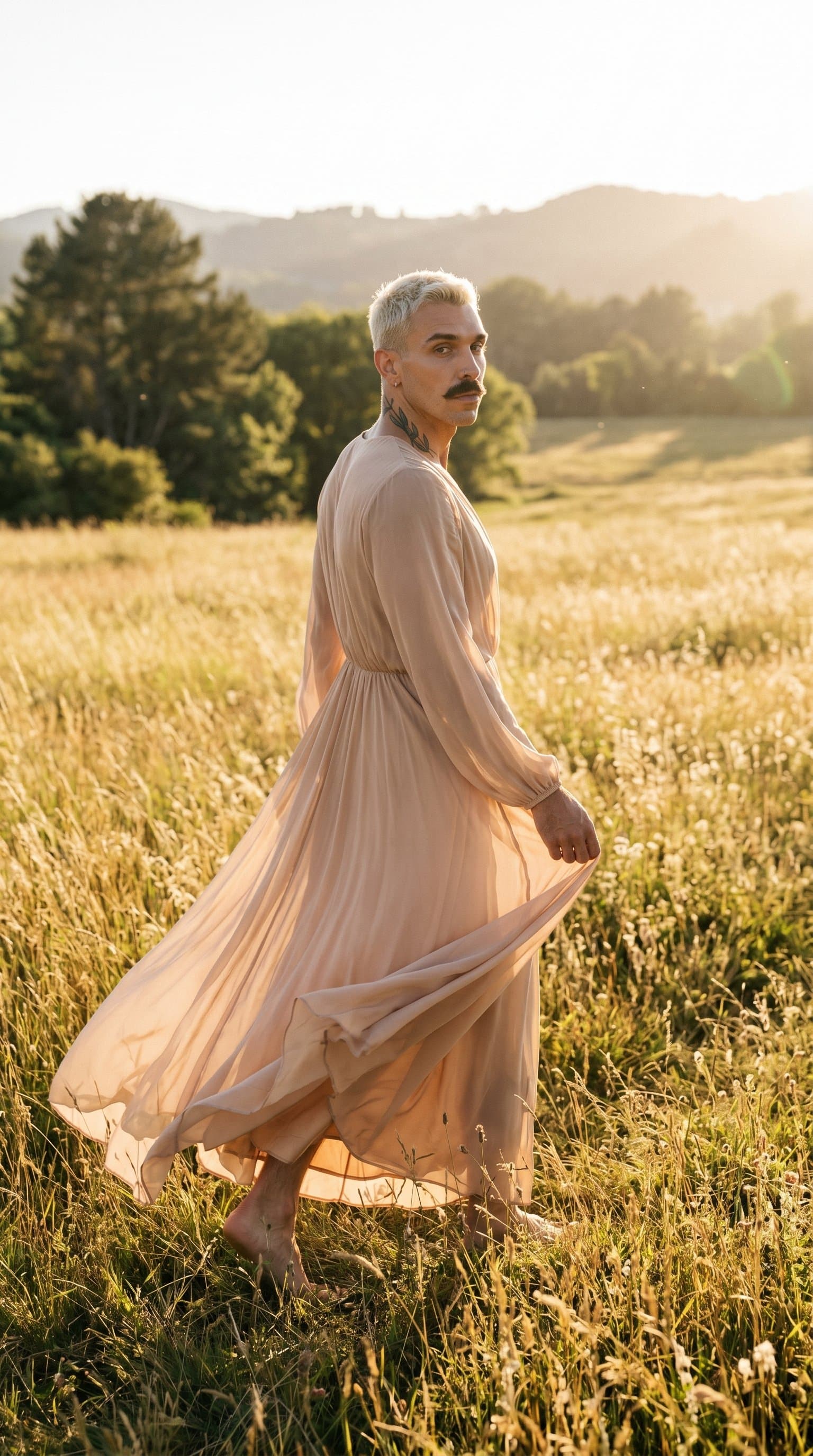 man in a sun-drenched meadow wearing a flowing nude dress, looking over their shoulder with a wistful expression