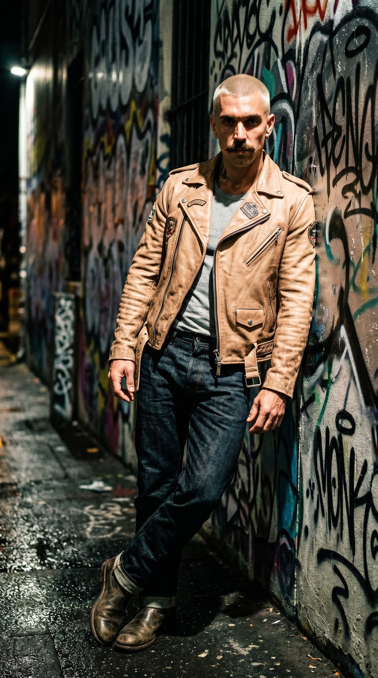 man in a nude leather jacket and jeans posing against a graffiti wall, with dynamic, high contrast lighting emphasizing edginess