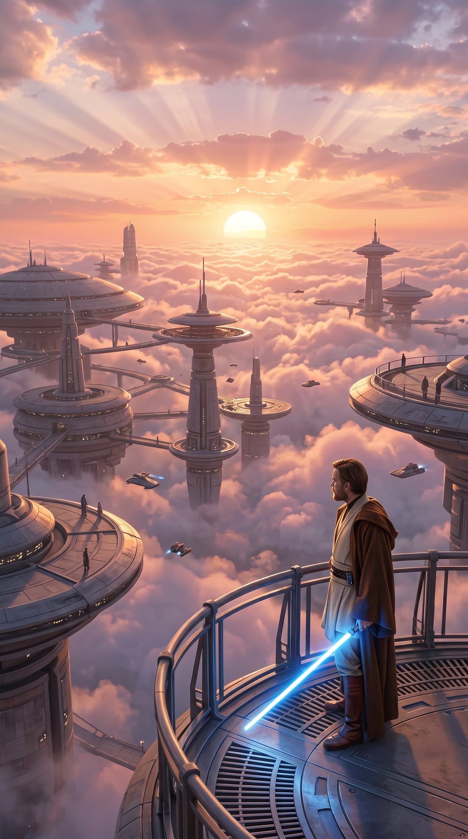 A panoramic view of the Cloud City of Bespin, with its floating platforms and futuristic architecture and a jedi with a blue lightsaber on the first plan