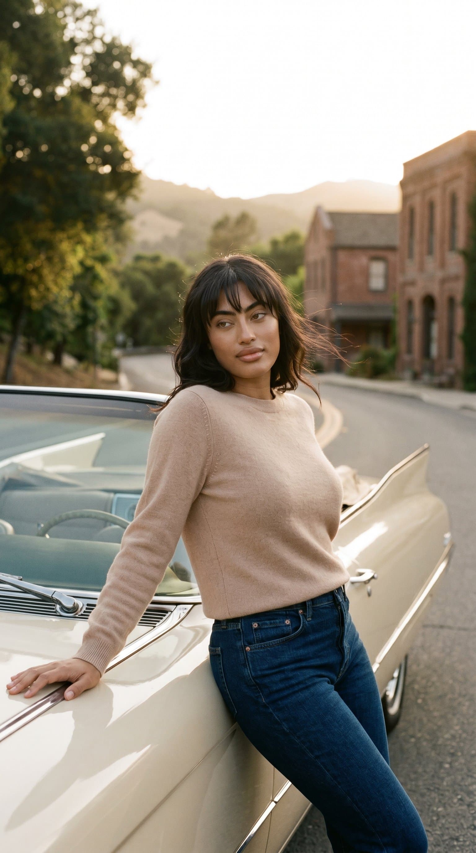 woman in a nude cashmere sweater and denim, leaning against a vintage car, under golden hour light, exuding a classic, timeless mood