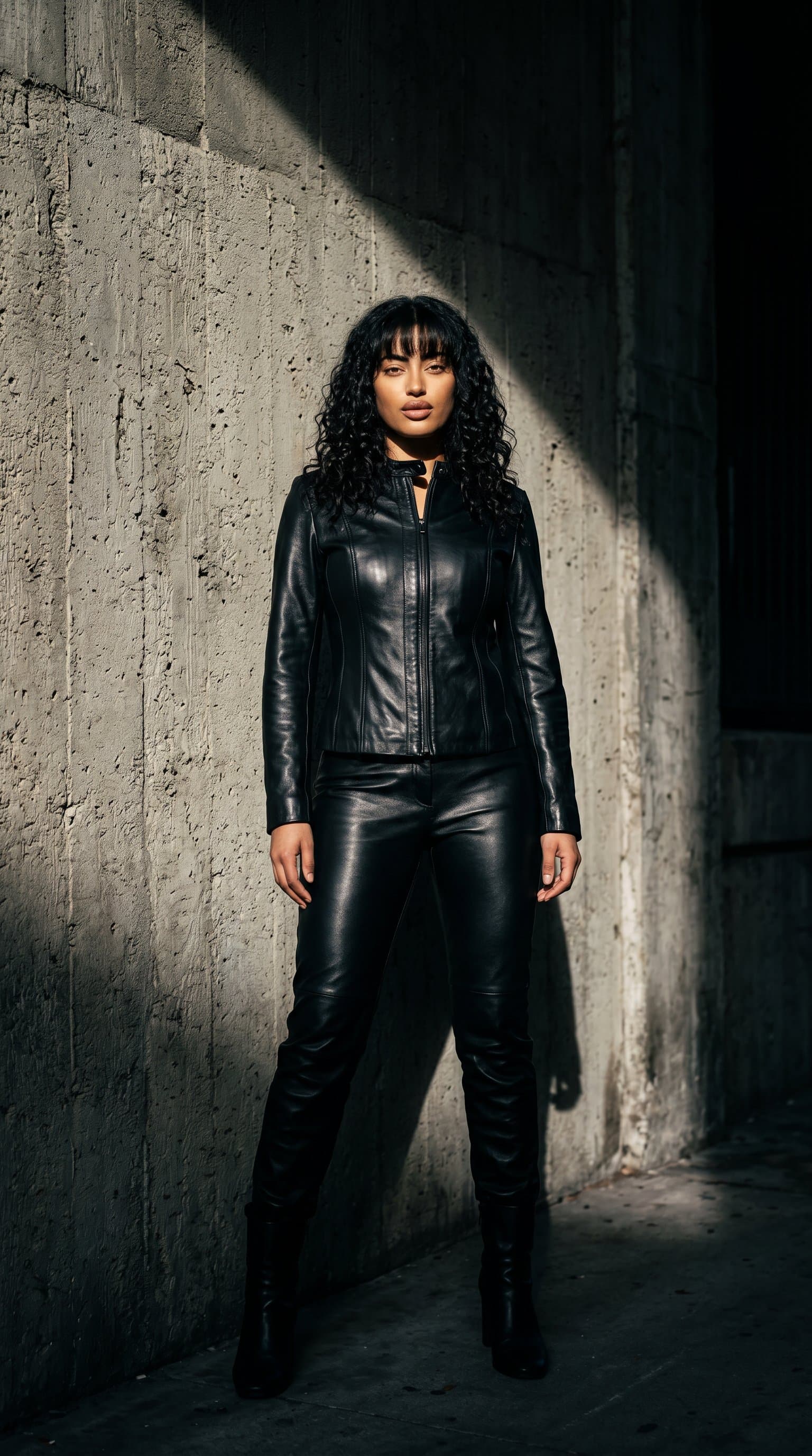 A woman against a concrete wall, wearing a leather outfit and under harsh, contrasting lighting