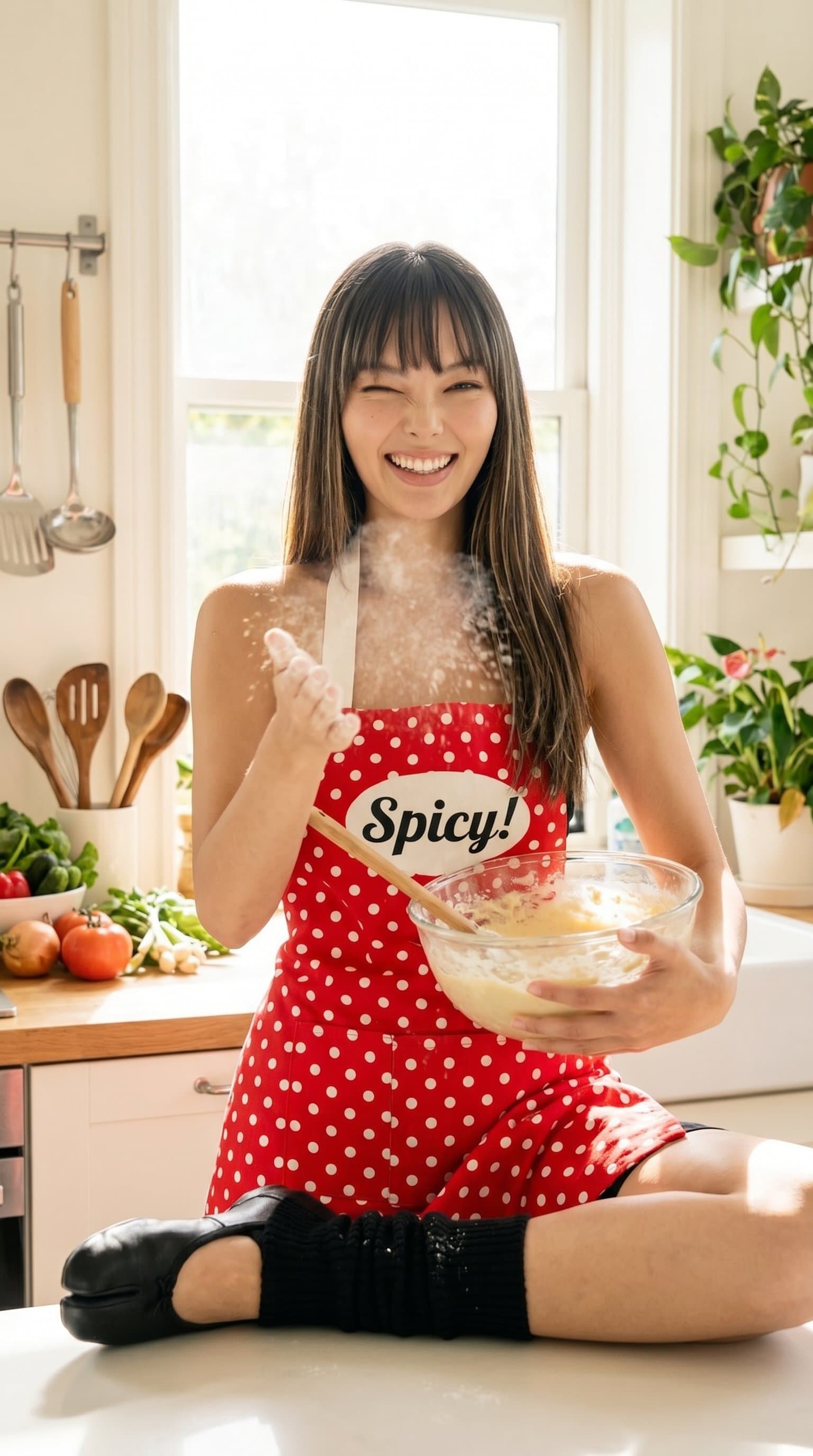 woman playfully posing in a kitchen setting, wearing a cheeky apron outfit with bright, natural lighting